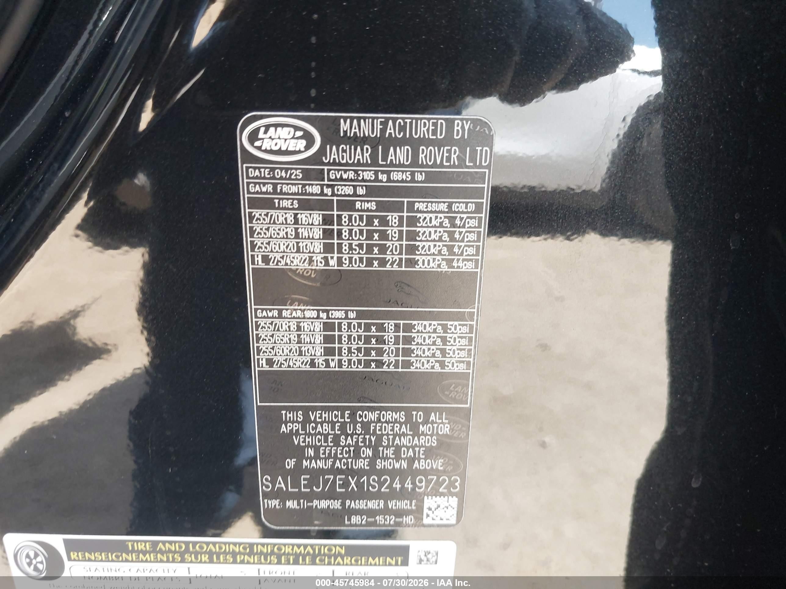 2025 Land Rover Defender VIN SALEJ7EX1S2449723 IAAI salvage auction — Unknown, Salvage (California), sold $34,500 on 2026-09-18 (photo 9)