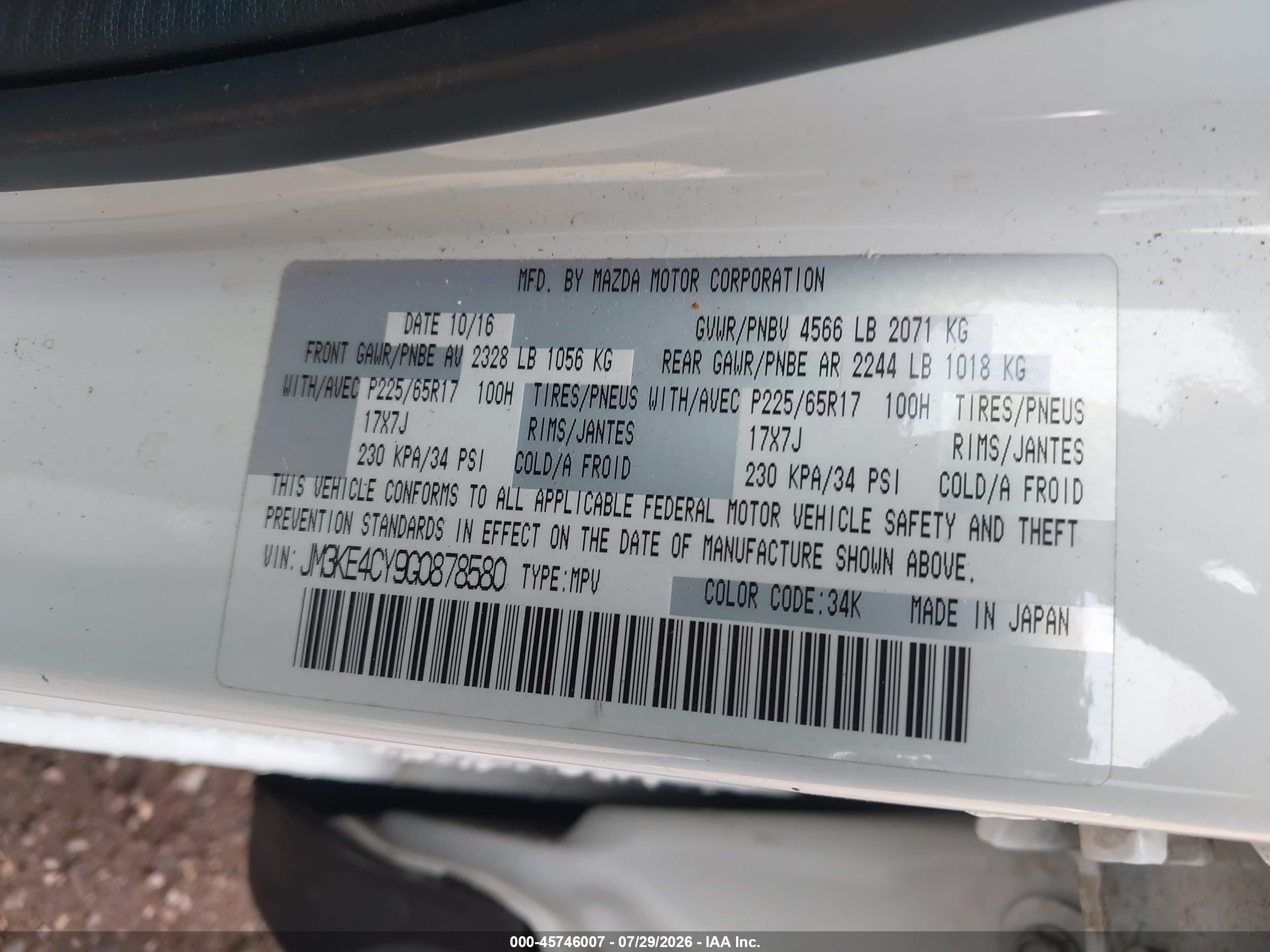 2016 Mazda Cx-5 VIN JM3KE4CY9G0878580 IAAI salvage auction — Front End, Salvage (Alabama), sold $200 on 2026-09-09 (photo 9)