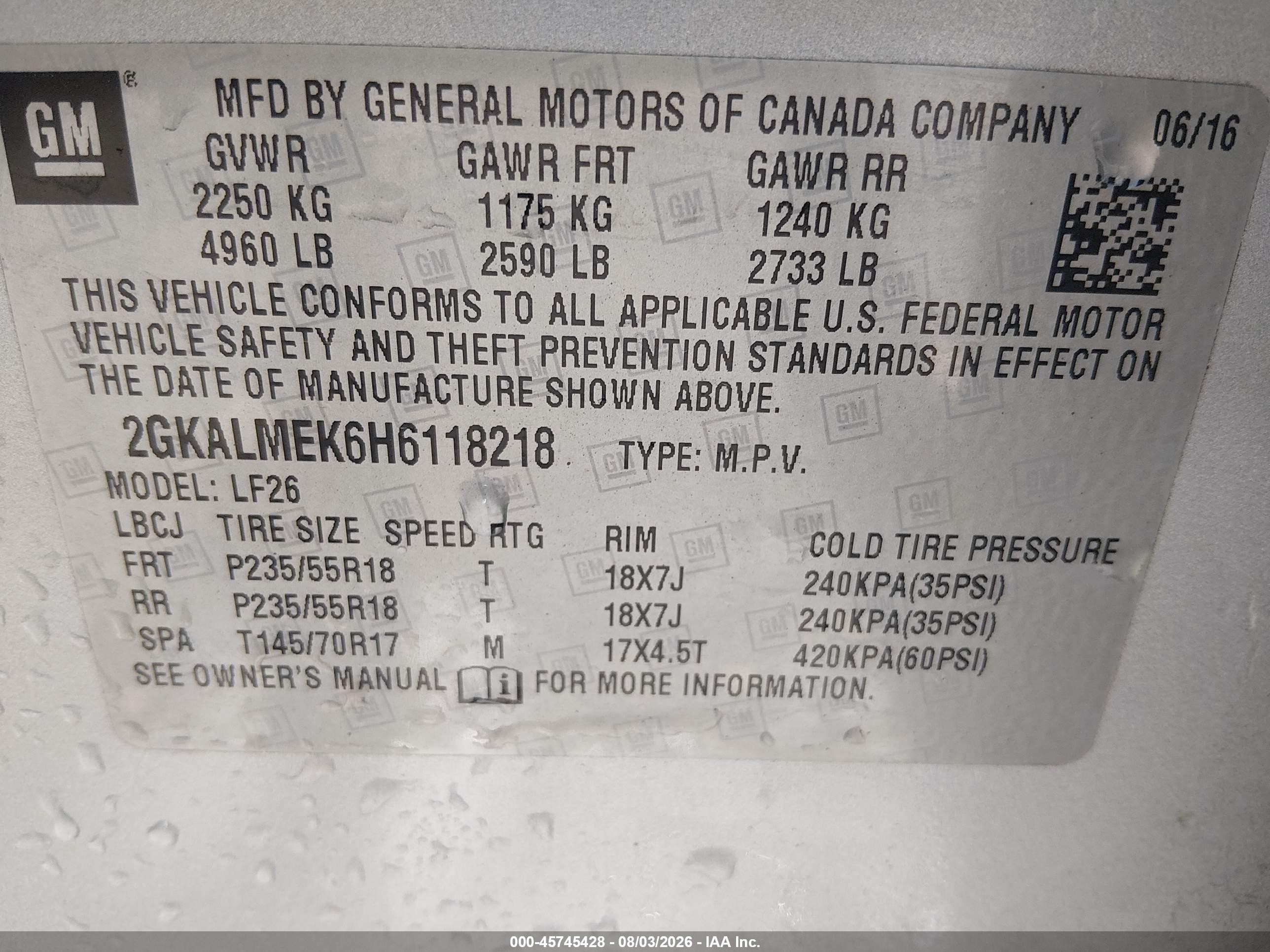 2017 Gmc Terrain VIN 2GKALMEK6H6118218 IAAI salvage auction — Front End, Clear (Arkansas), sold $425 on 2026-09-09 (photo 9)