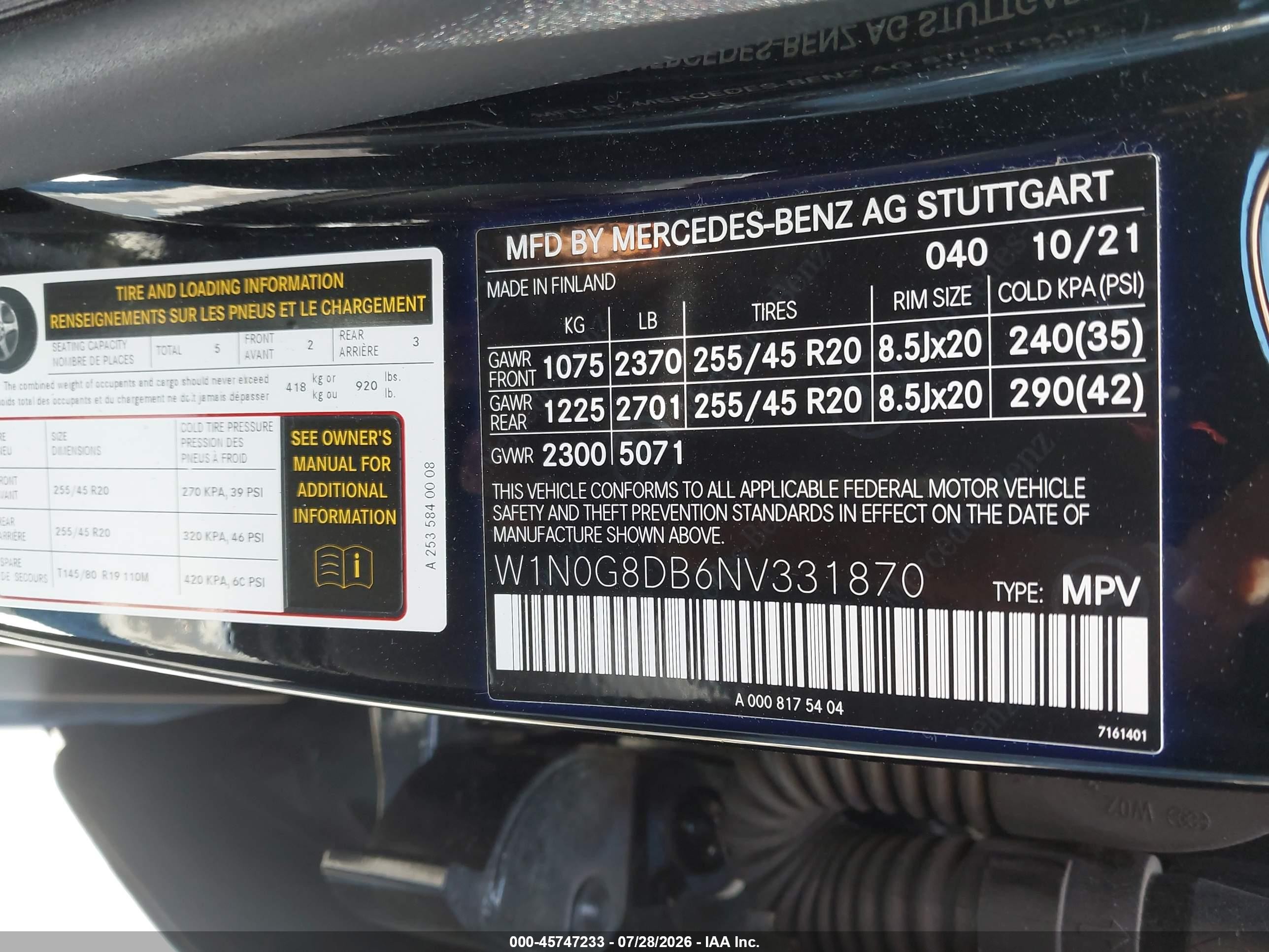 2022 Mercedes-benz Glc VIN W1N0G8DB6NV331870 IAAI salvage auction — Rear End, Salvage (California), sold $14,125 on 2026-10-09 (photo 9)