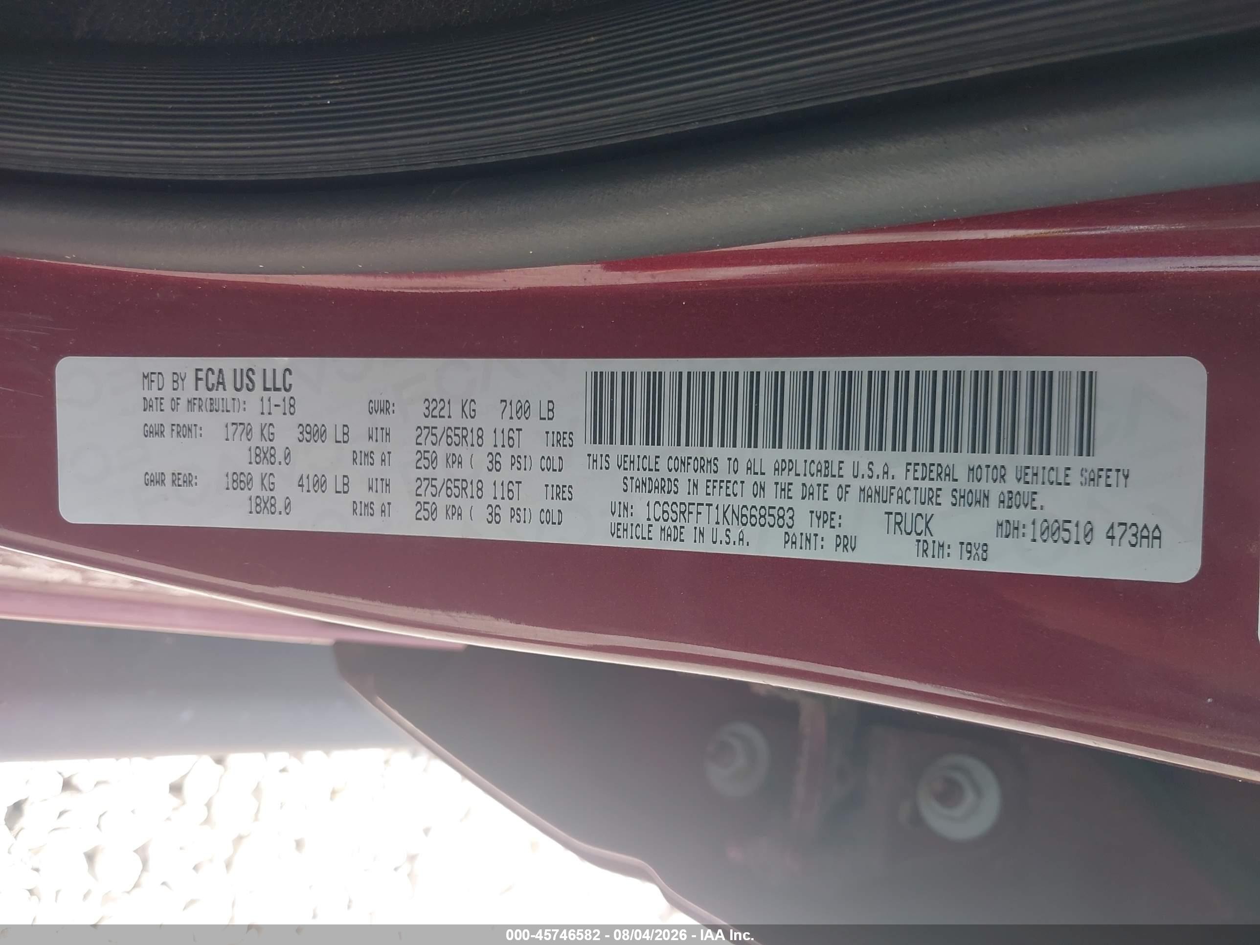 2019 Ram 1500 VIN 1C6SRFFT1KN668583 IAAI salvage auction — Unknown, Salvage (Alabama), sold $3,500 on 2026-09-03 (photo 9)