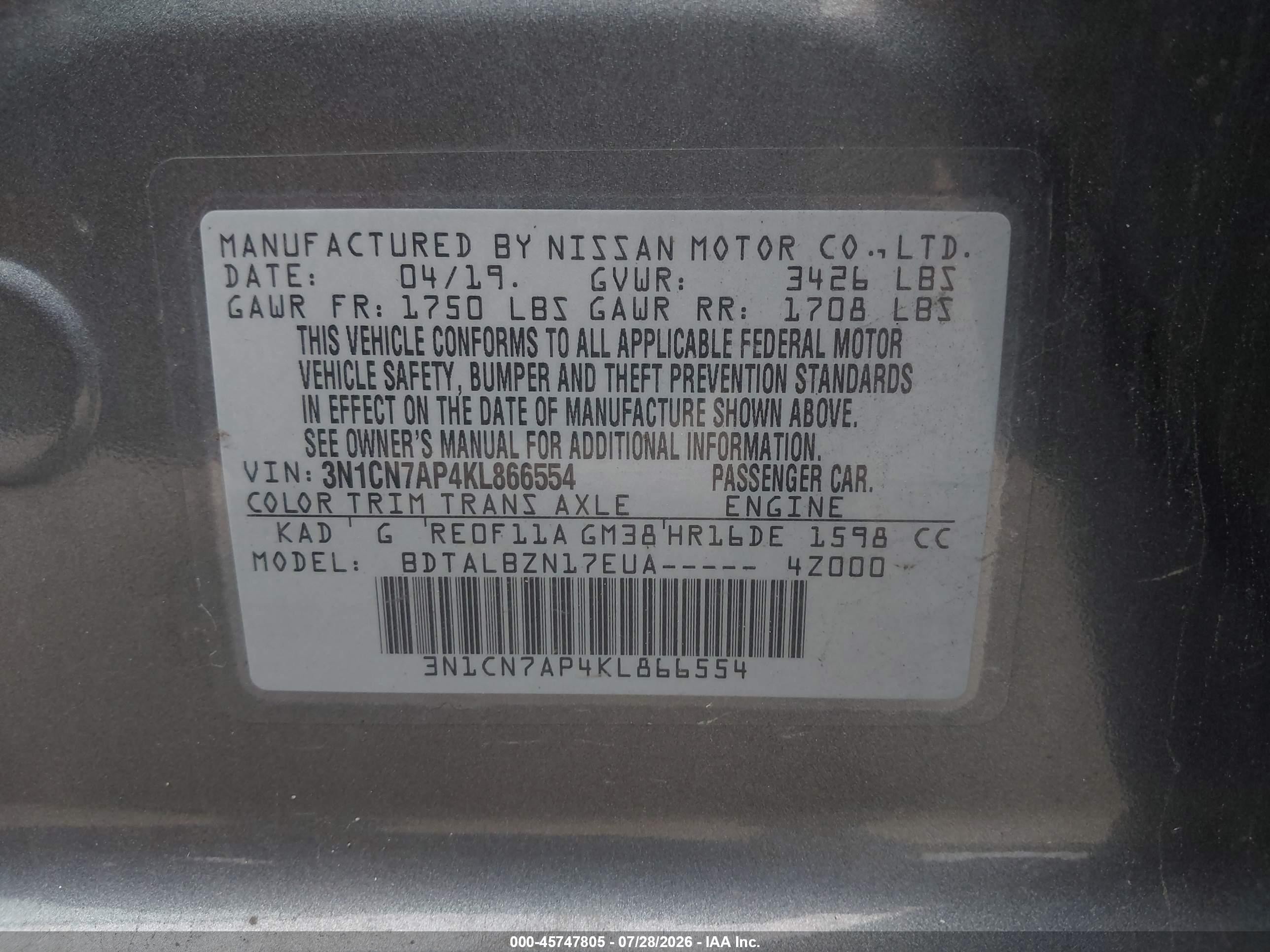 2019 Nissan Versa VIN 3N1CN7AP4KL866554 IAAI salvage auction — Normal Wear, Clear (New York), sold $600 on 2026-08-25 (photo 9)