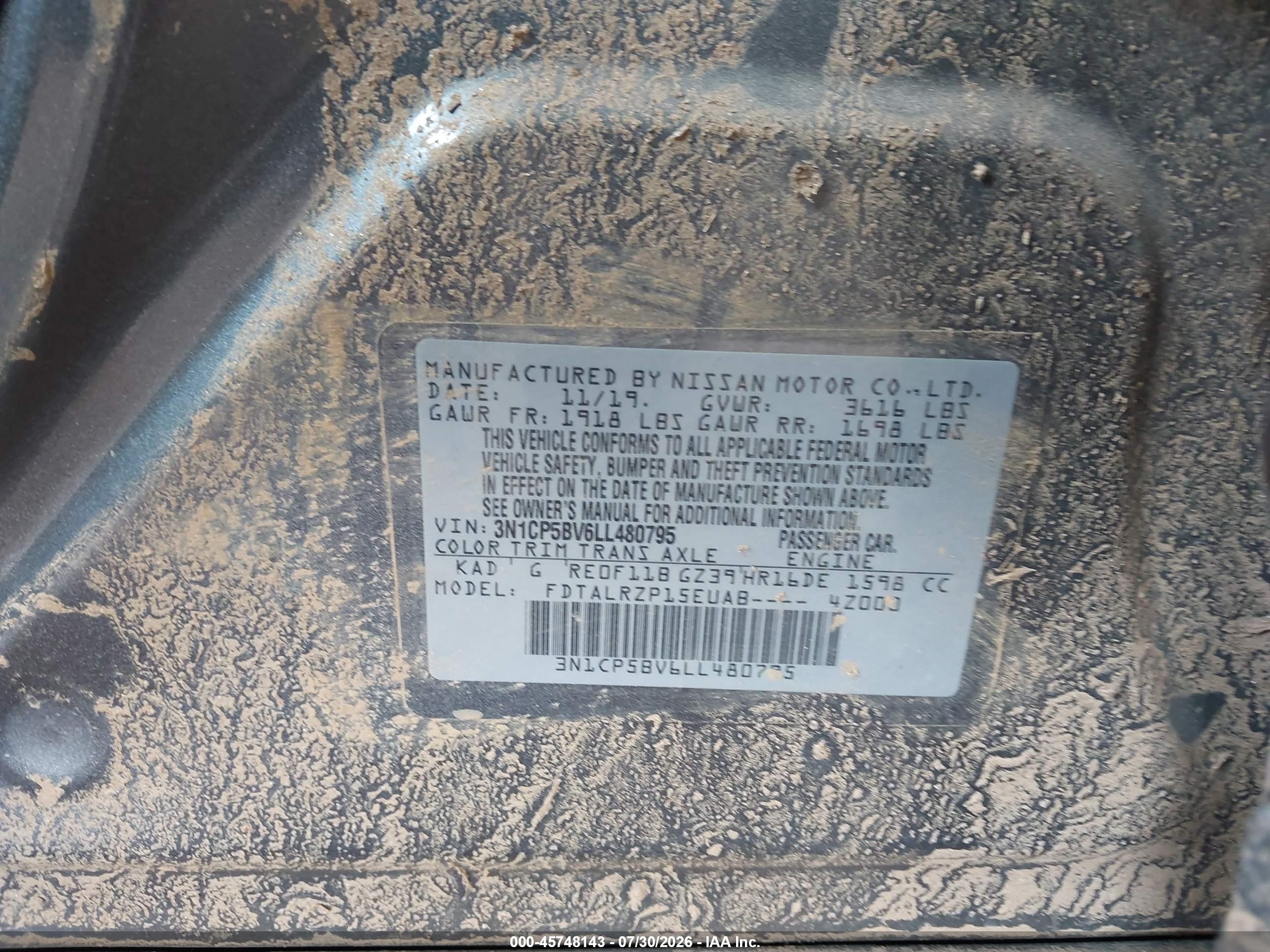 2020 Nissan Kicks VIN 3N1CP5BV6LL480795 IAAI salvage auction — Unknown, Salvage (Georgia), sold $2,200 on 2026-09-04 (photo 9)