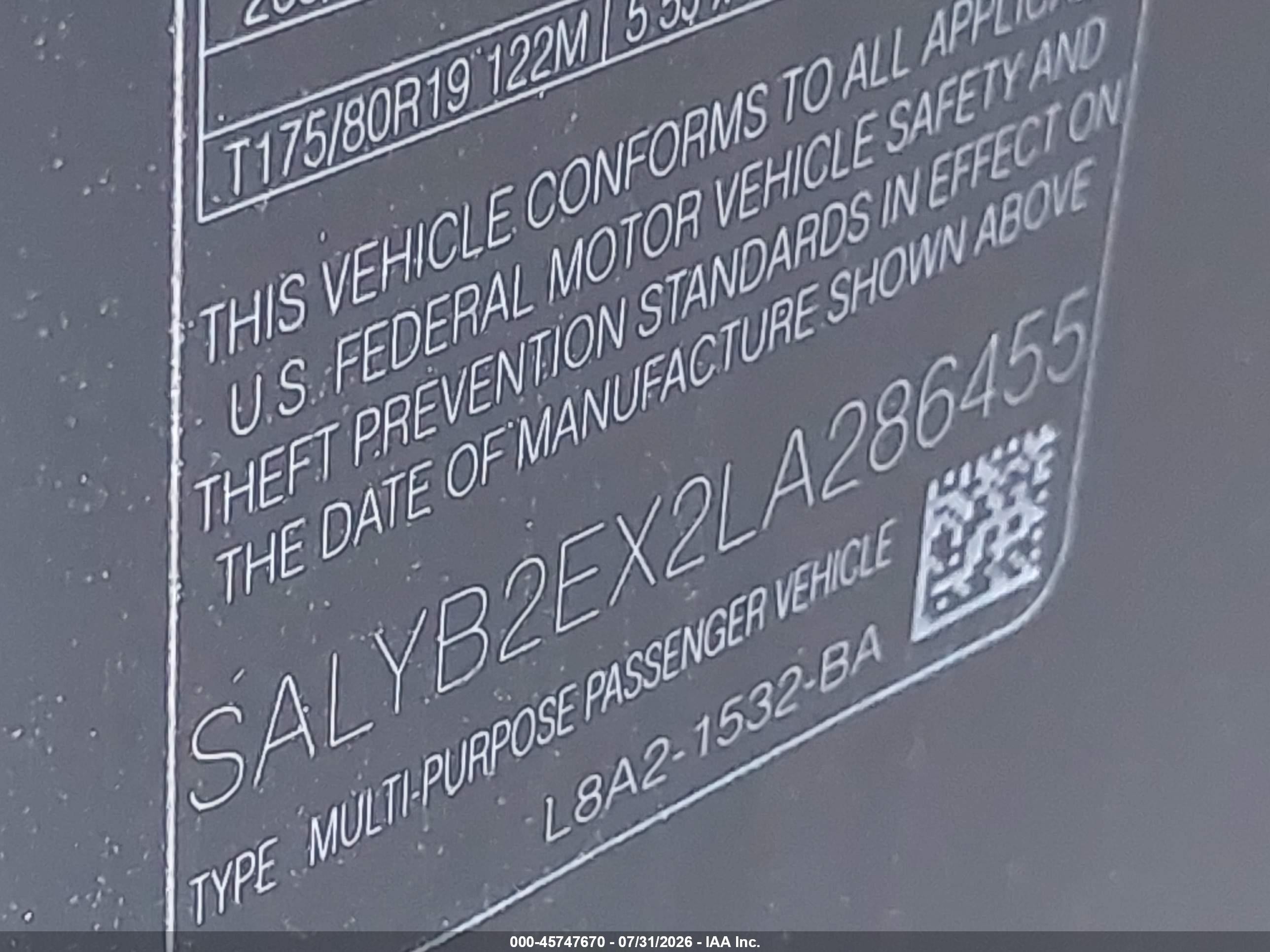 2020 Land Rover Range Rover Velar VIN SALYB2EX2LA286455 IAAI salvage auction — Side, Salvage (California), sold $4,050 on 2026-09-13 (photo 9)