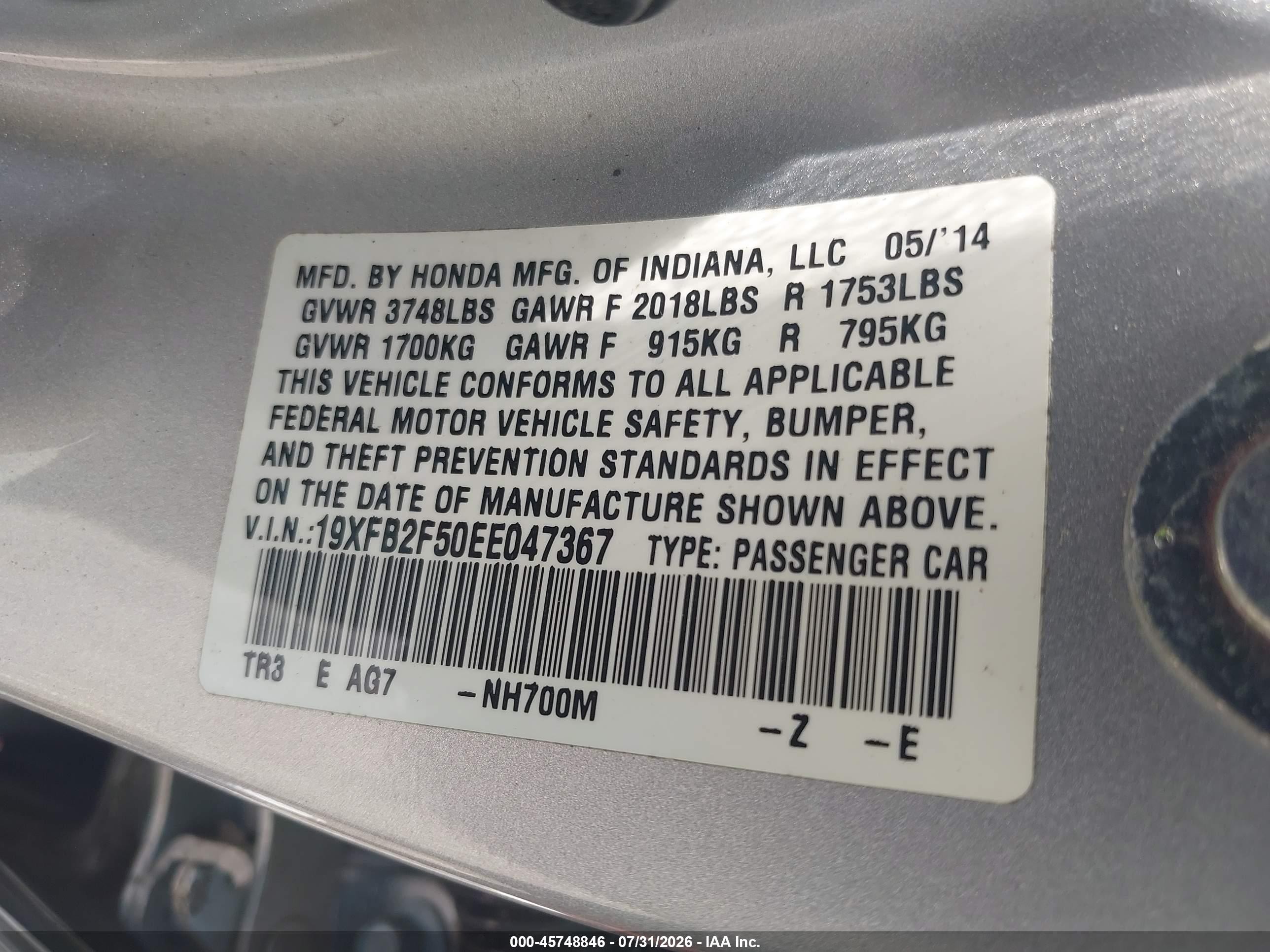 2014 Honda Civic VIN 19XFB2F50EE047367 IAAI salvage auction — Front End, Salvage (Georgia), sold $2,000 on 2026-09-24 (photo 9)
