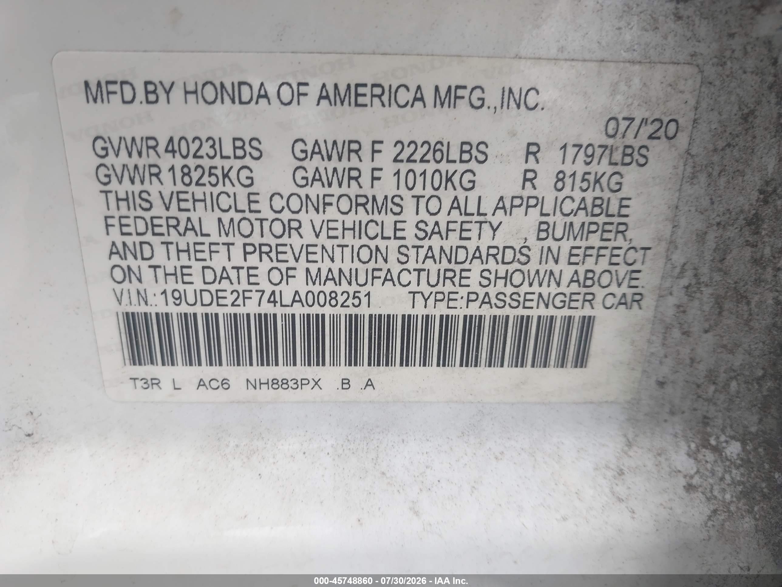 2020 Acura Ilx VIN 19UDE2F74LA008251 IAAI salvage auction — Theft, Salvage (Pennsylvania), sold $5,200 on 2026-10-05 (photo 9)