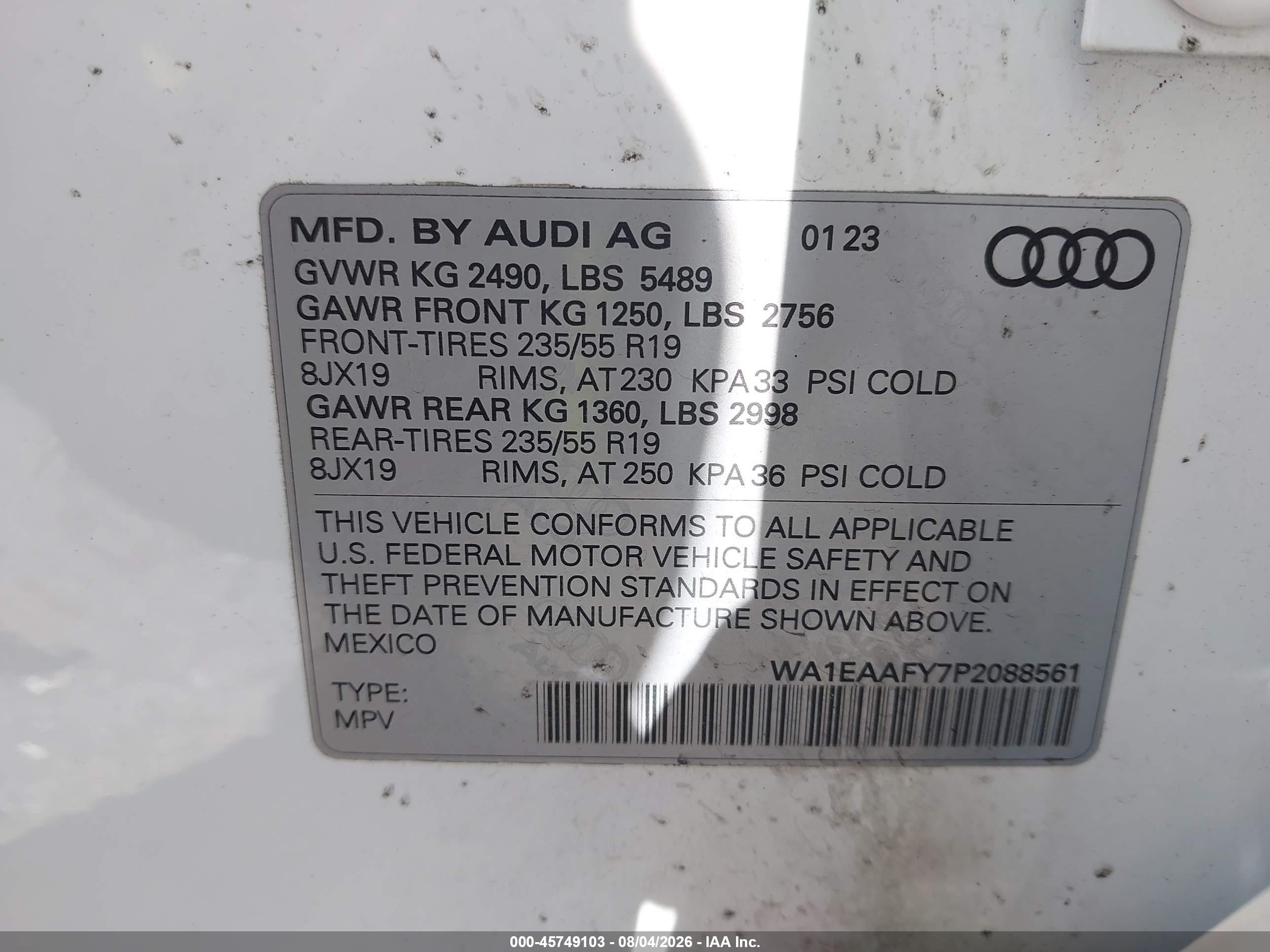 2023 Audi Q5 VIN WA1EAAFY7P2088561 IAAI salvage auction — Suspension, Salvage (Rhode Island), sold $13,800 on 2026-09-12 (photo 9)
