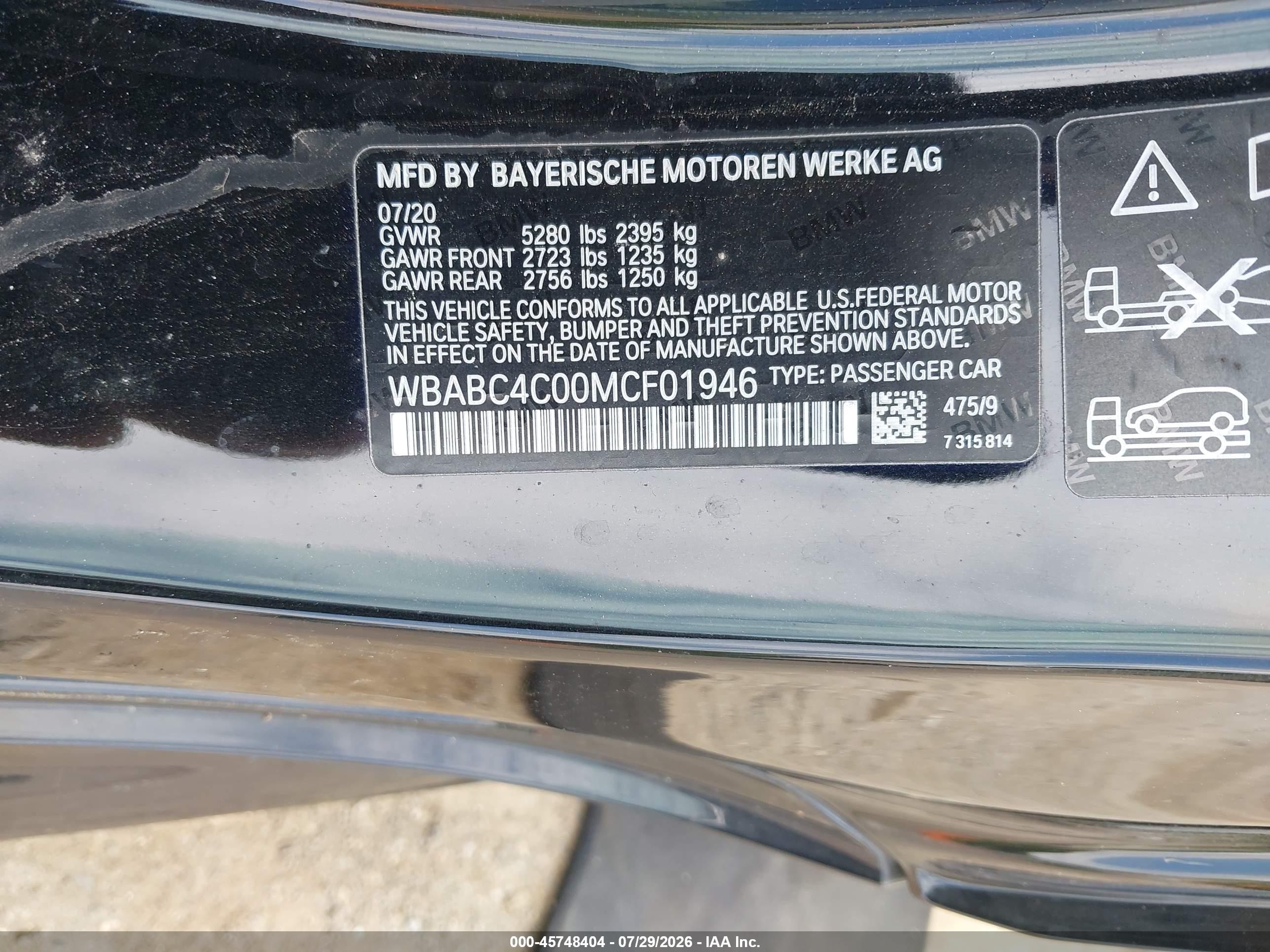 2021 BMW 8er VIN WBABC4C00MCF01946 IAAI salvage auction — Front End, Salvage - Greater Than 75% (Maryland), sold $15,550 on 2026-08-25 (photo 9)