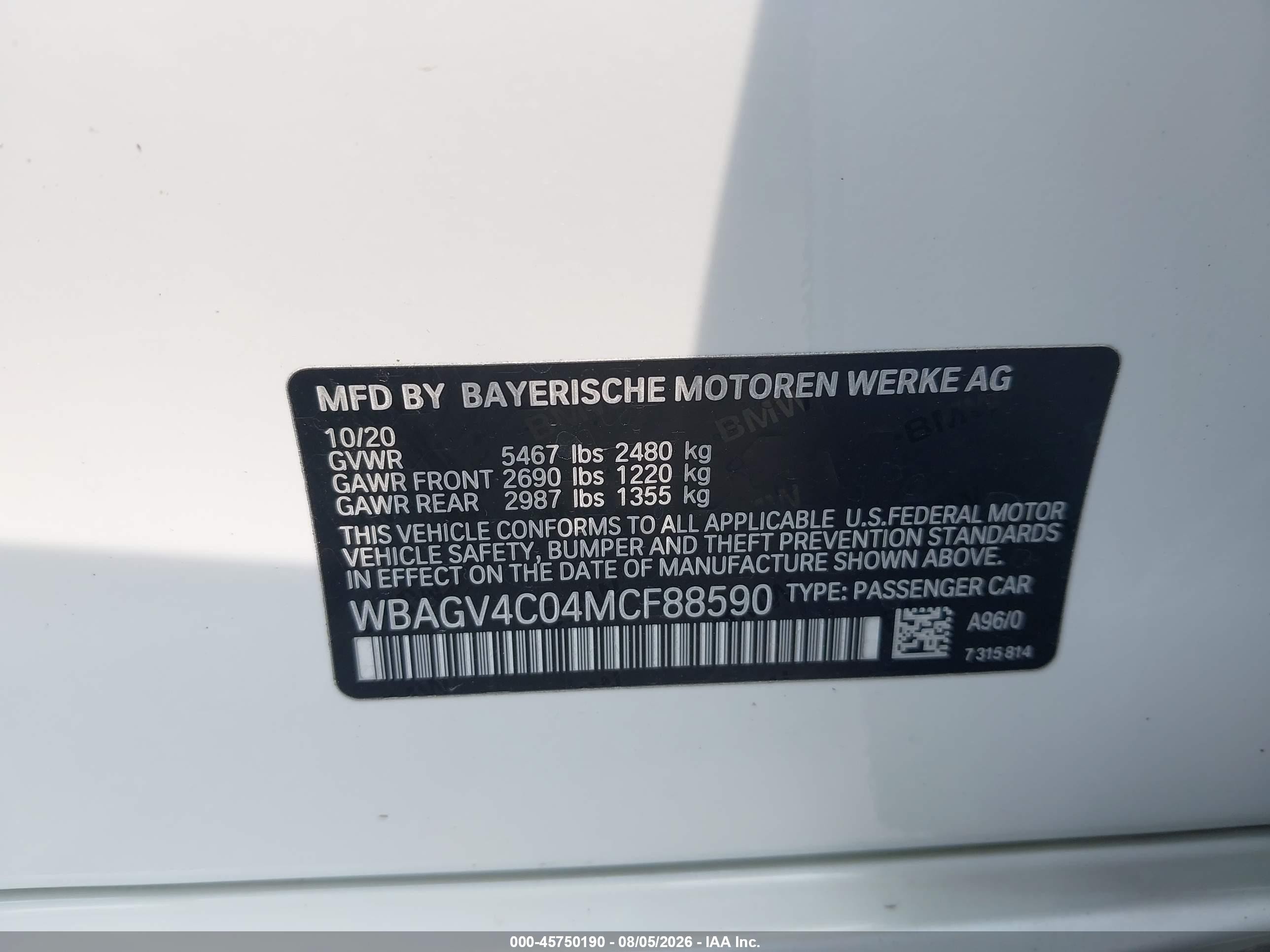 2021 BMW 8er VIN WBAGV4C04MCF88590 IAAI salvage auction — Front End, Salvage (Missouri), sold $22,950 on 2026-09-23 (photo 9)