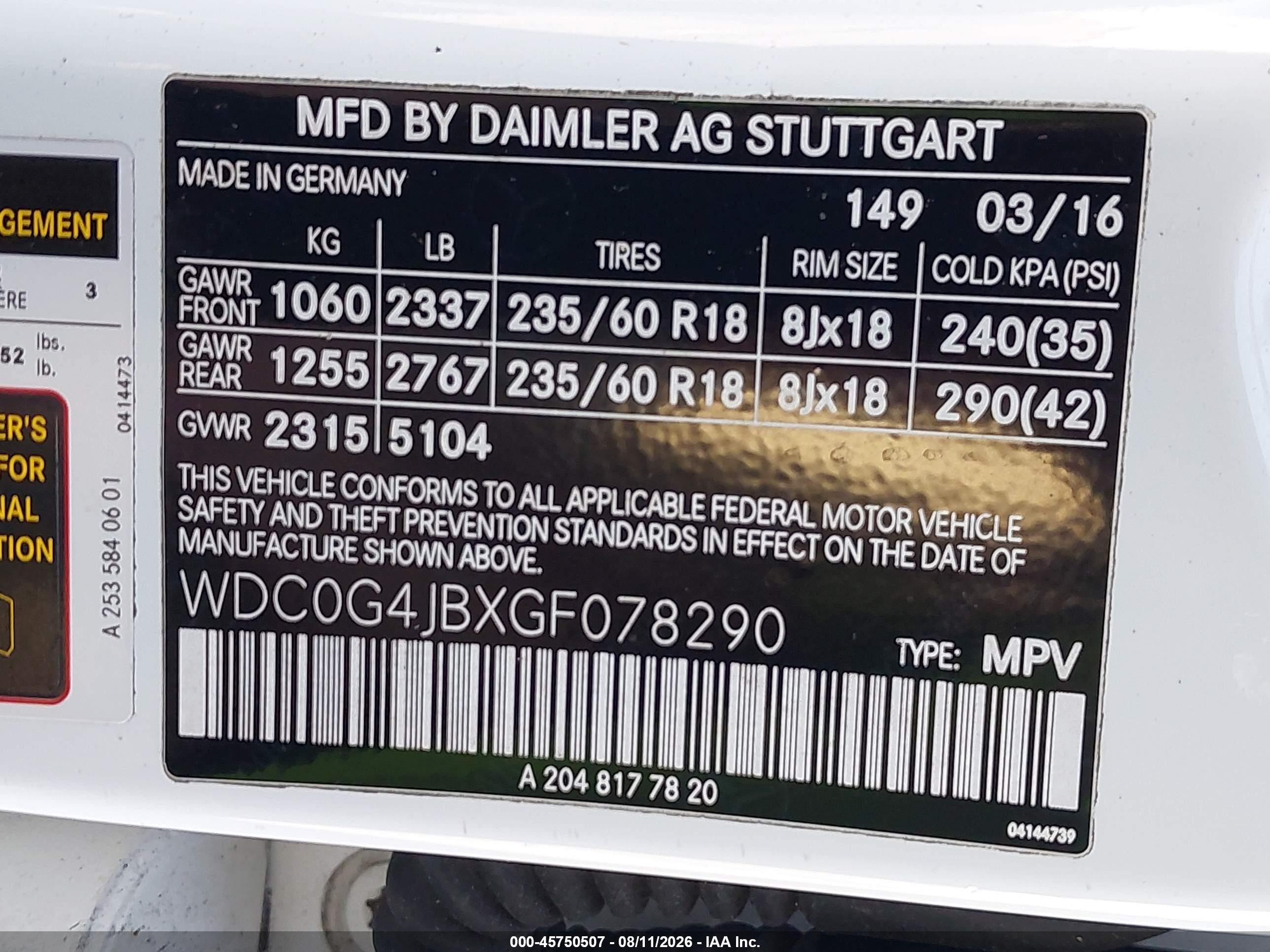 2016 Mercedes-benz Glc VIN WDC0G4JBXGF078290 IAAI salvage auction — Front End, Rebuildable (Florida), sold $4,650 on 2026-09-11 (photo 9)