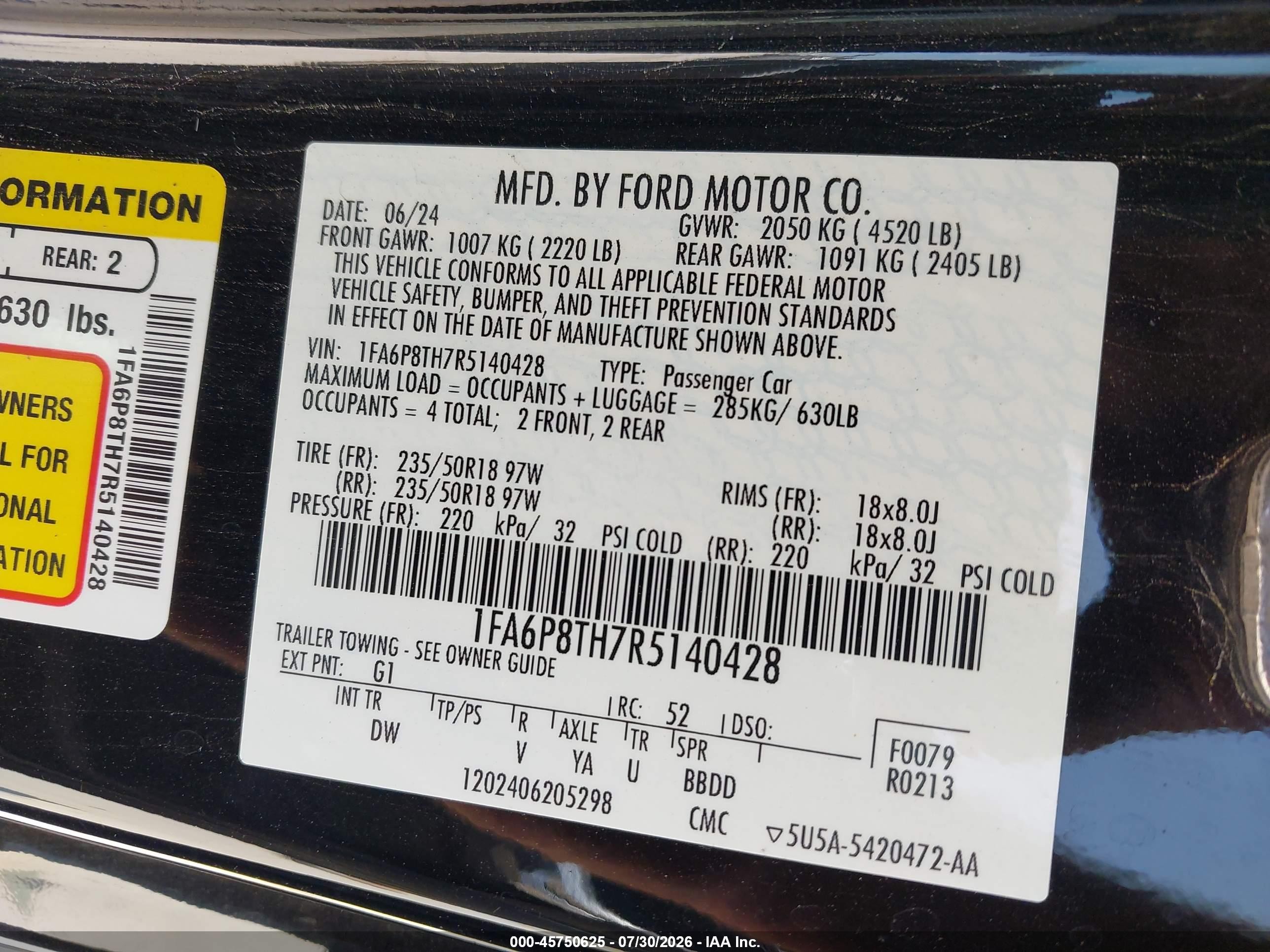 2024 Ford Mustang VIN 1FA6P8TH7R5140428 IAAI salvage auction — Side, Original (Texas), sold $17,100 on 2026-09-25 (photo 9)