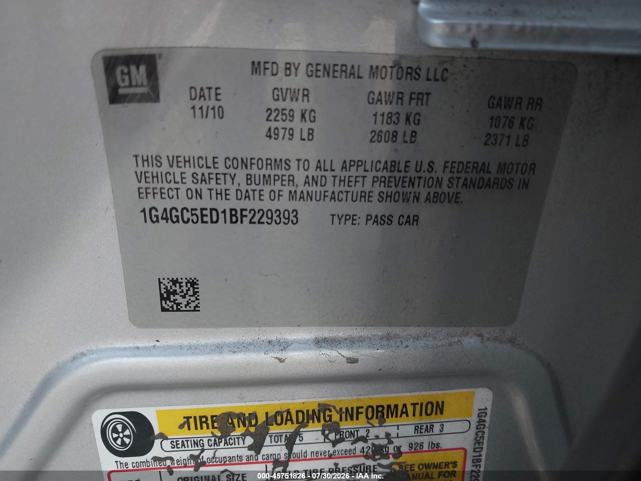 2011 Buick Lacrosse VIN 1G4GC5ED1BF229393 IAAI salvage auction — Water/Flood, Salvage (Louisiana), sold $225 on 2026-09-09 (photo 9)