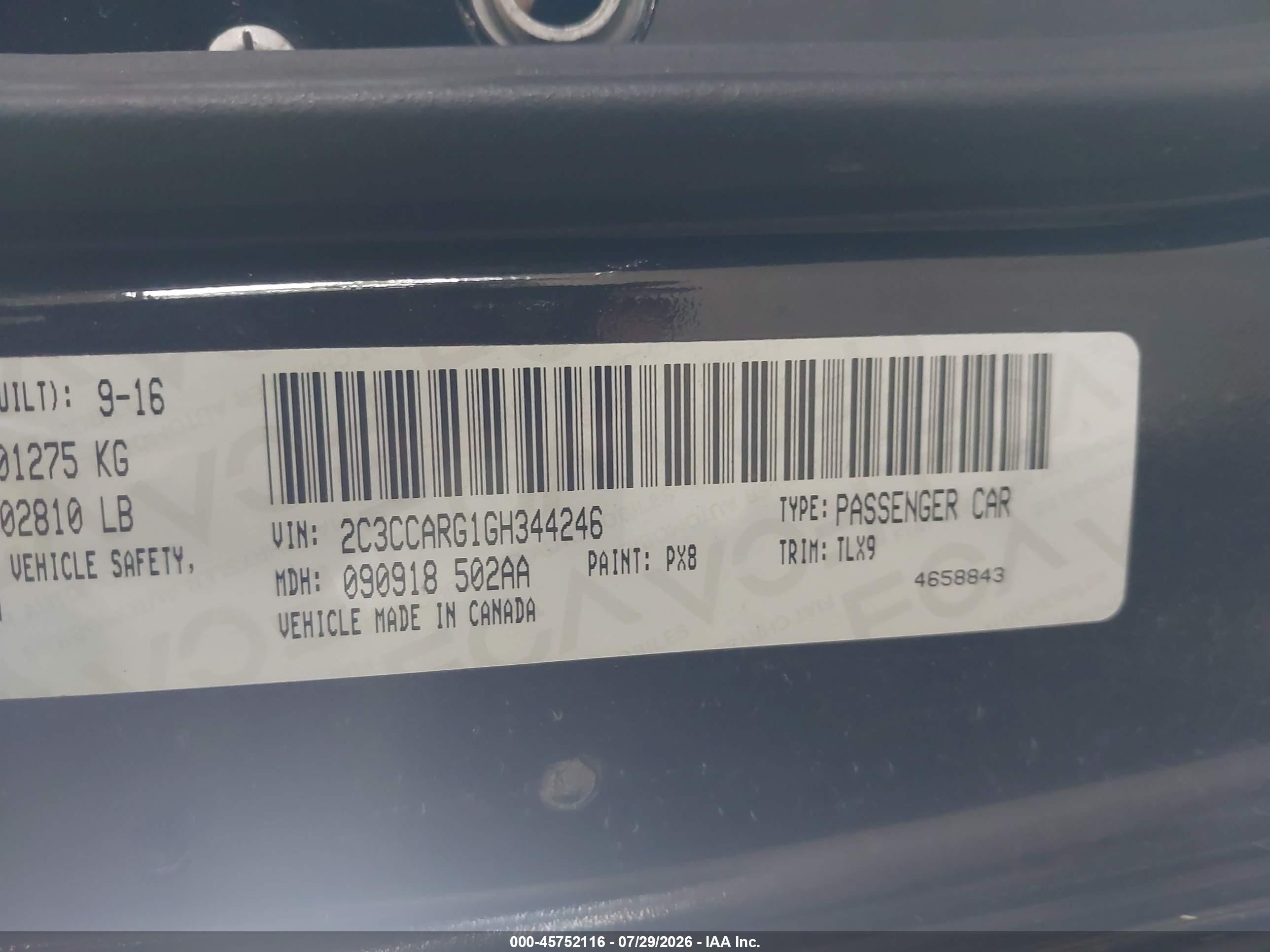 2016 Chrysler 300 VIN 2C3CCARG1GH344246 IAAI salvage auction — Unknown, Mv-907A (New York), sold $825 on 2026-09-09 (photo 9)
