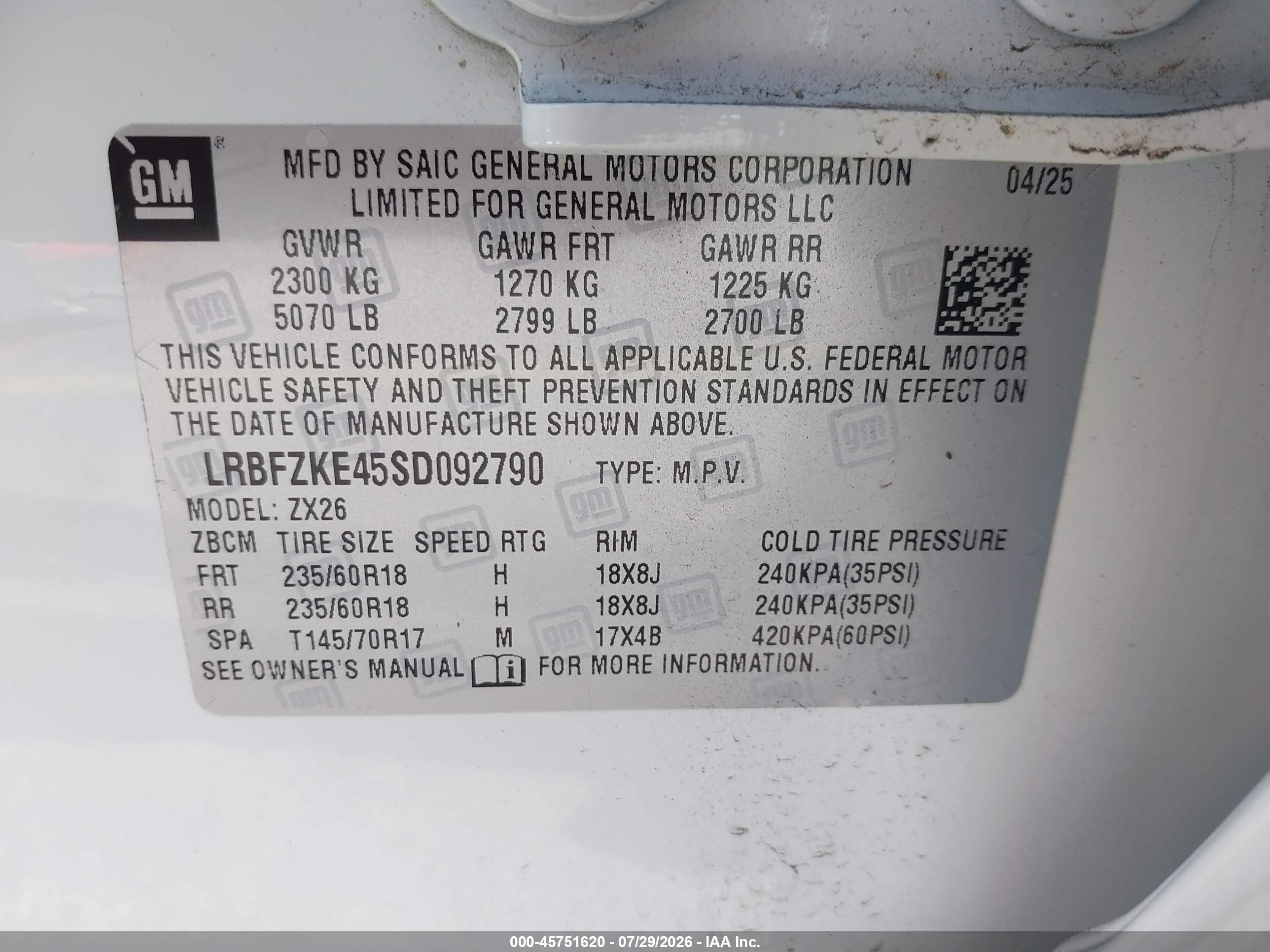 2025 Buick Envision VIN LRBFZKE45SD092790 IAAI salvage auction — Unknown, Rebuildable (Florida), sold $7,100 on 2026-09-19 (photo 9)