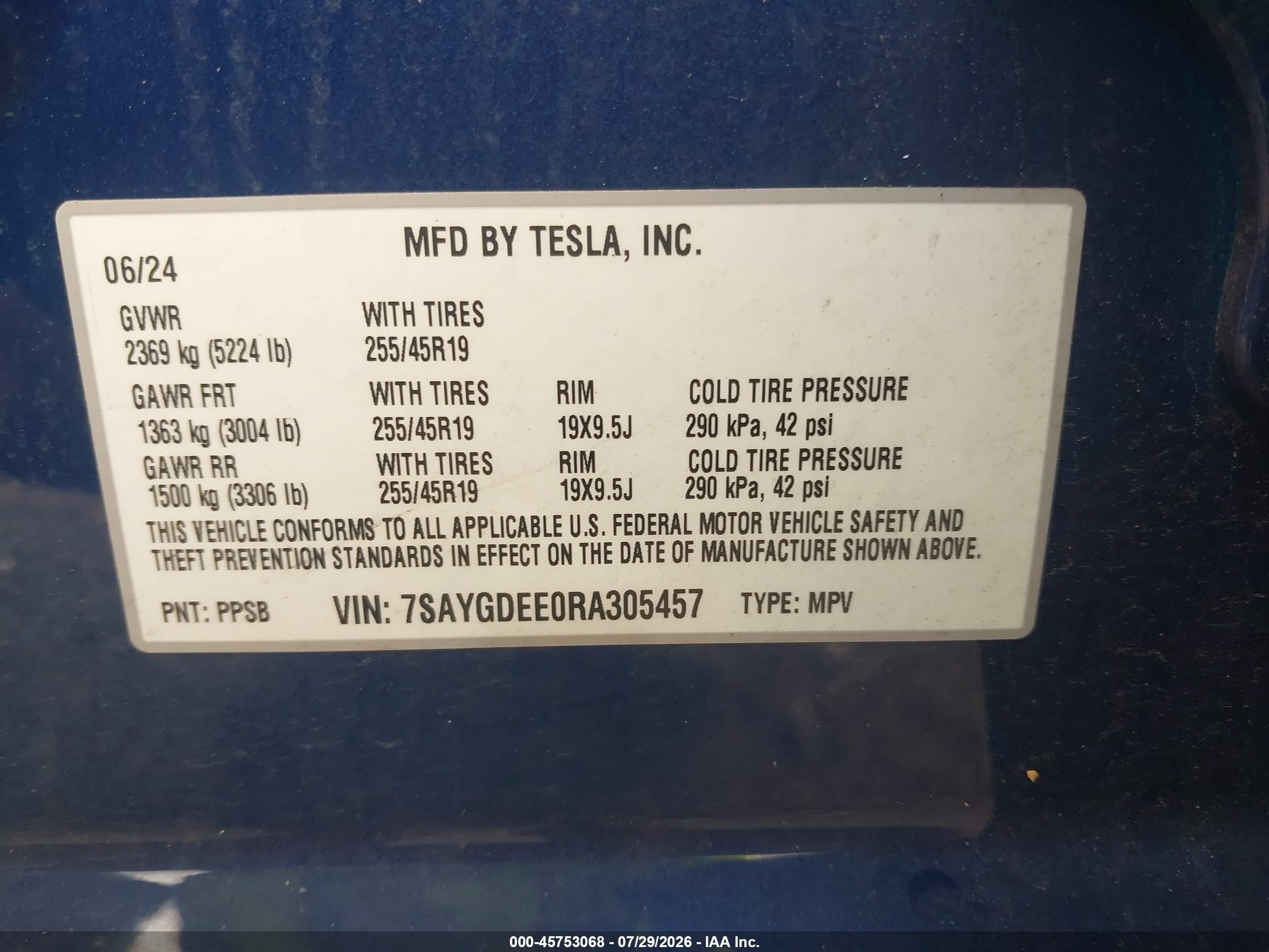 2024 Tesla Model Y VIN 7SAYGDEE0RA305457 IAAI salvage auction — Front End, Salvage (Idaho), sold $16,700 on 2026-09-13 (photo 9)