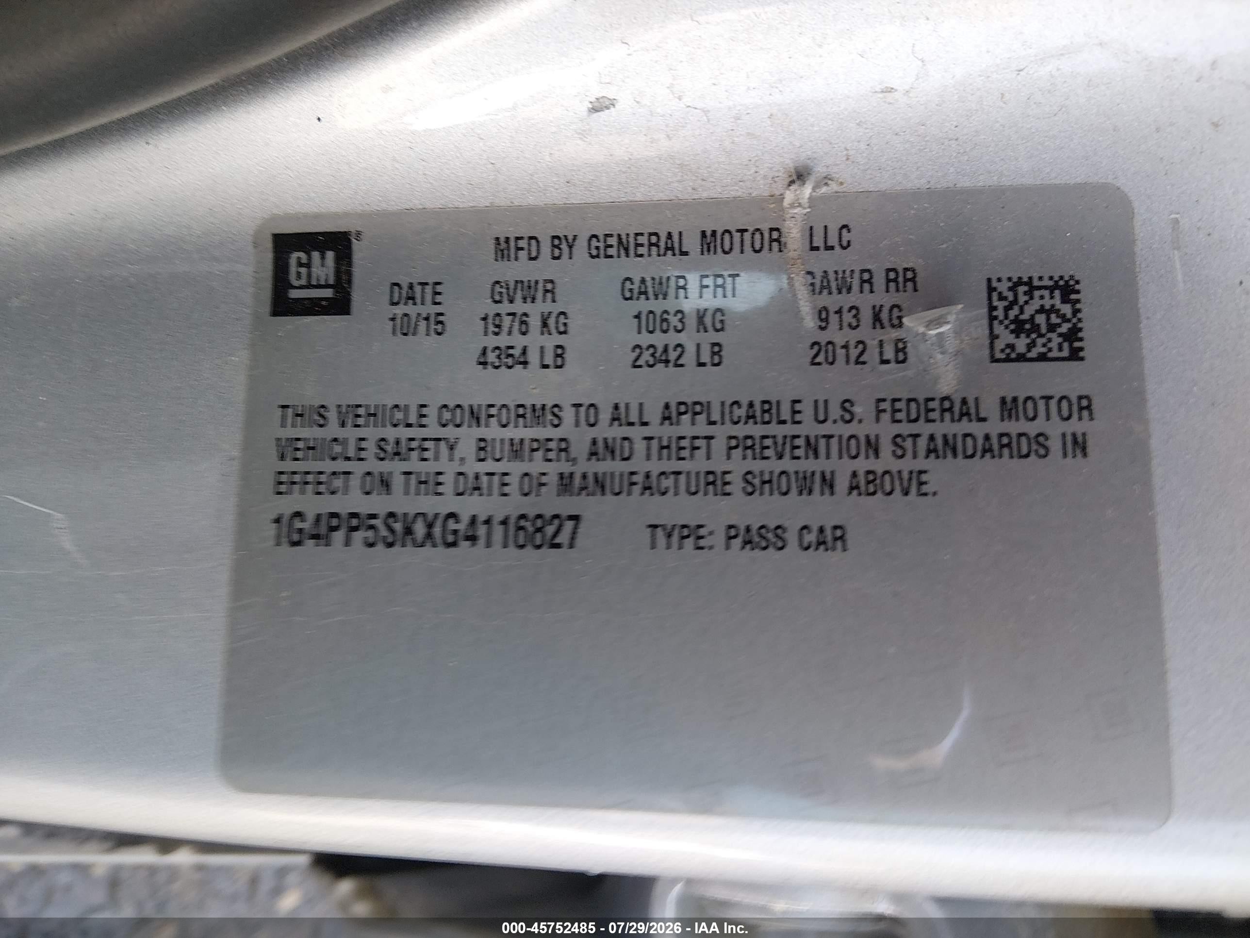 2016 Buick Verano VIN 1G4PP5SKXG4116827 IAAI salvage auction — Rear End, Salvage (Montana), sold $1,100 on 2026-09-12 (photo 9)