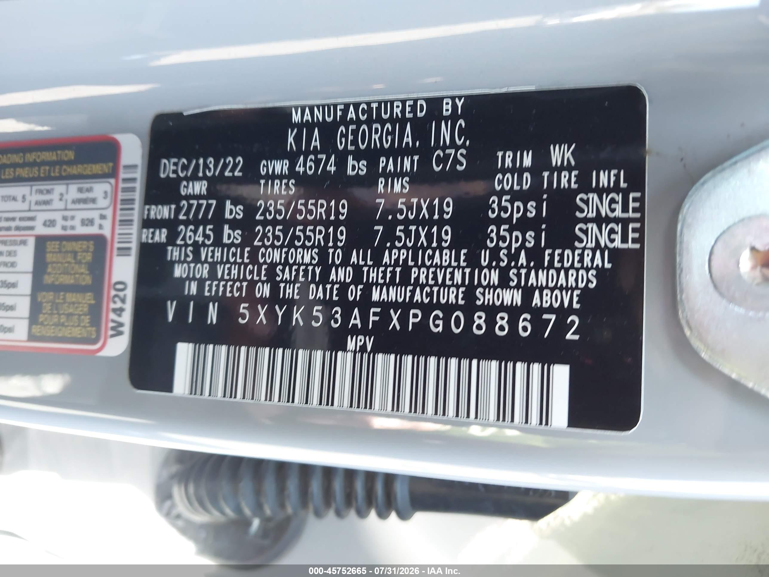 2023 Kia Sportage VIN 5XYK53AFXPG088672 IAAI salvage auction — Front End, Salvage Certificate (California), sold $3,550 on 2026-09-13 (photo 9)