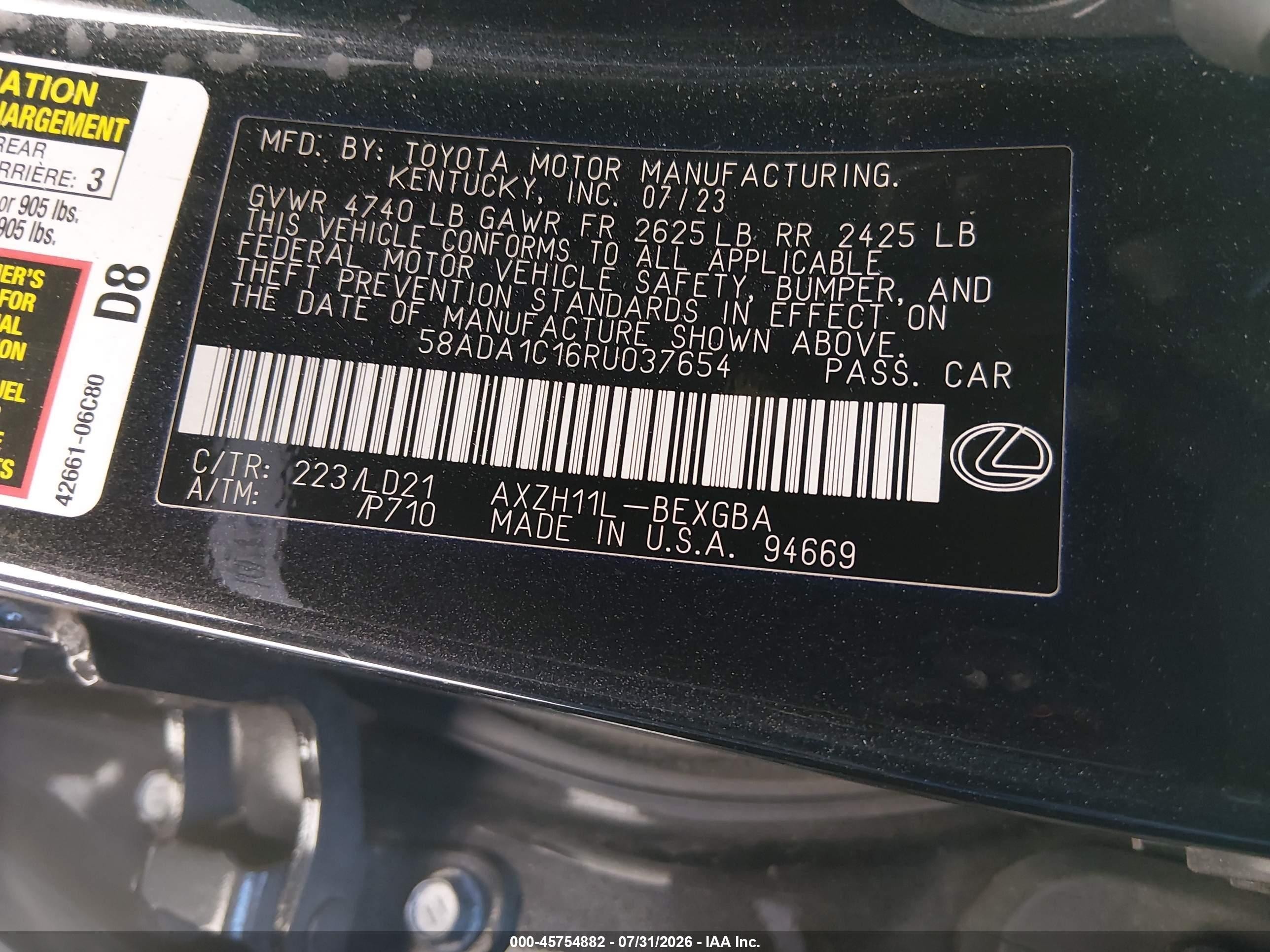 2024 Lexus ES VIN 58ADA1C16RU037654 IAAI salvage auction — Unknown, Salvage (California), sold $13,300 on 2026-09-25 (photo 9)