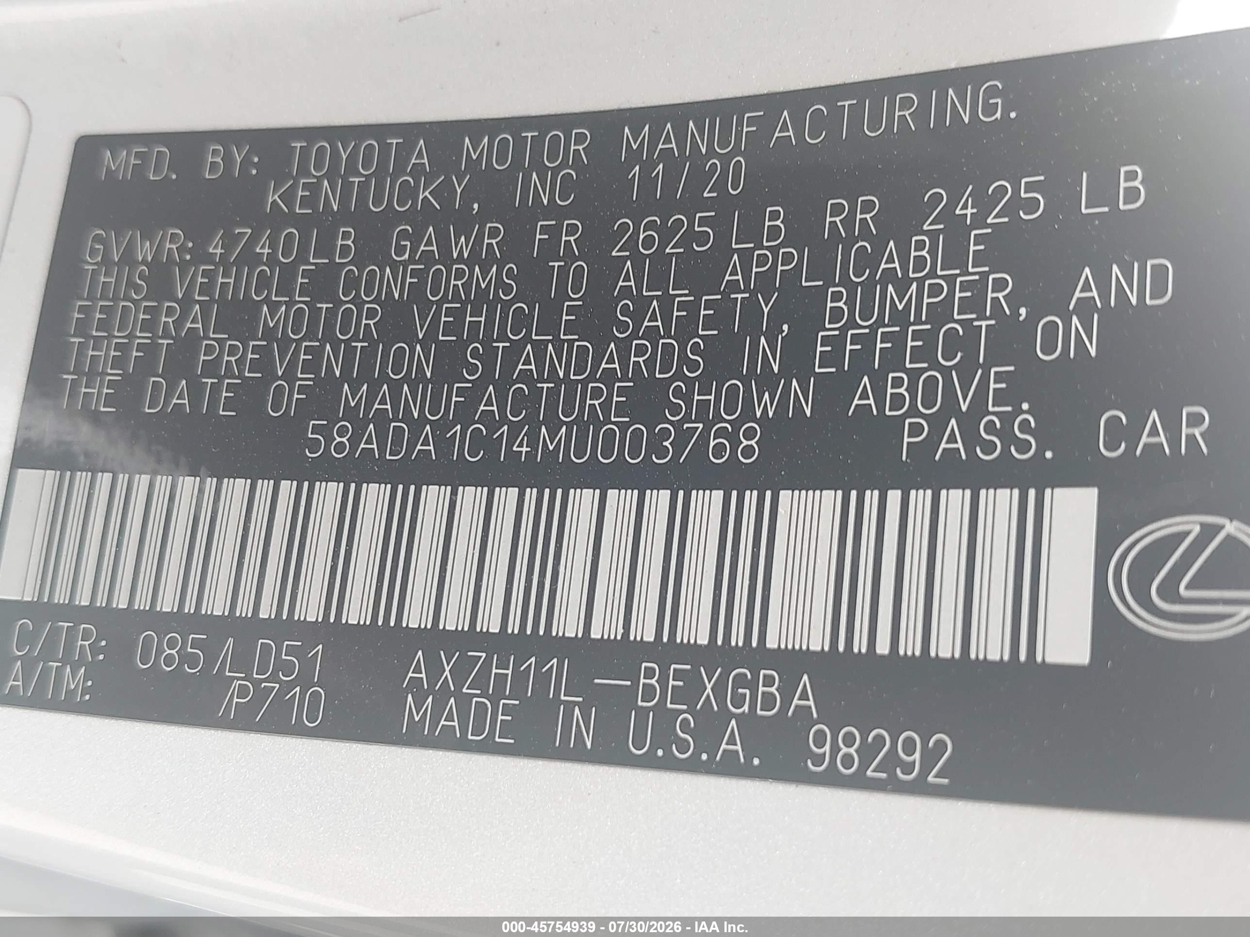 2021 Lexus ES VIN 58ADA1C14MU003768 IAAI salvage auction — Rear End, Salvage (Nevada), sold $14,100 on 2026-09-05 (photo 9)