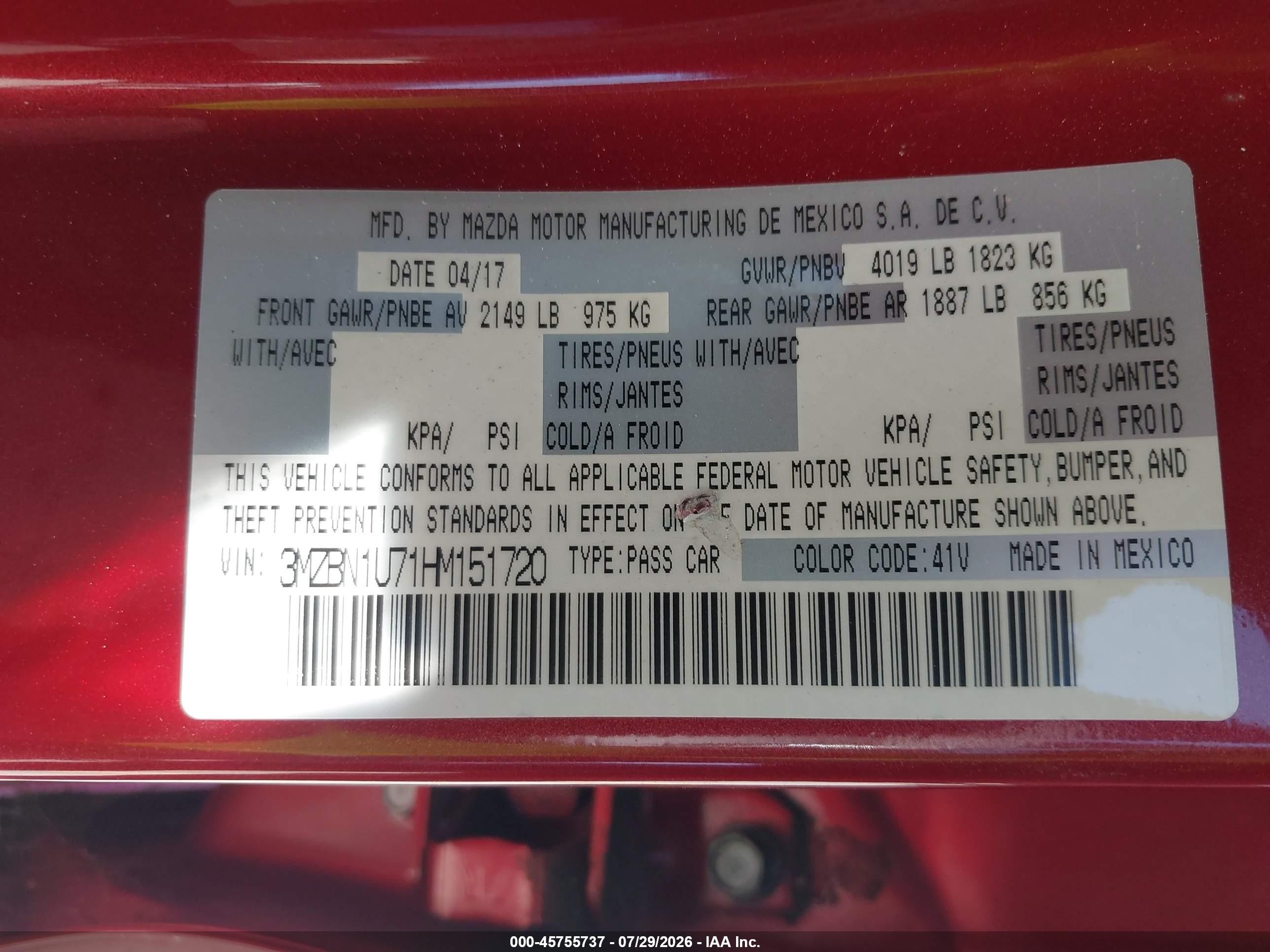 2017 Mazda 3 VIN 3MZBN1U71HM151720 IAAI salvage auction — Side, Salvage (California), sold $3,400 on 2026-09-14 (photo 9)