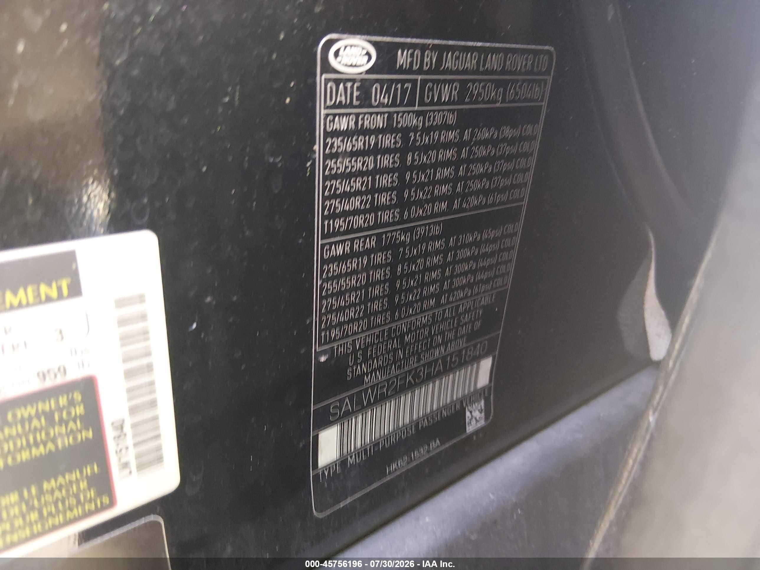 2017 Land Rover Range Rover Sport VIN SALWR2FK3HA151840 IAAI salvage auction — Unknown, Salvage (South Carolina), sold $5,325 on 2026-09-27 (photo 9)