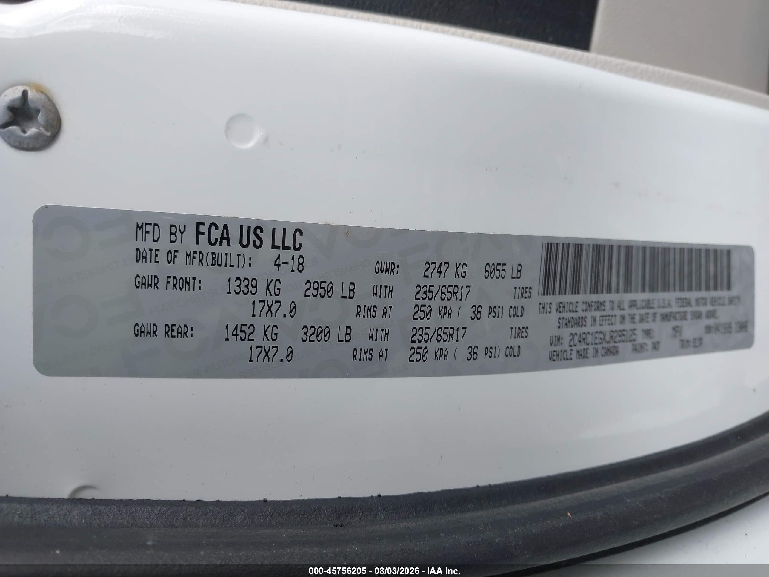 2018 Chrysler Pacifica VIN 2C4RC1EGXJR295125 IAAI salvage auction — Rear End, Salvage (Kentucky), sold $2,100 on 2026-09-05 (photo 9)