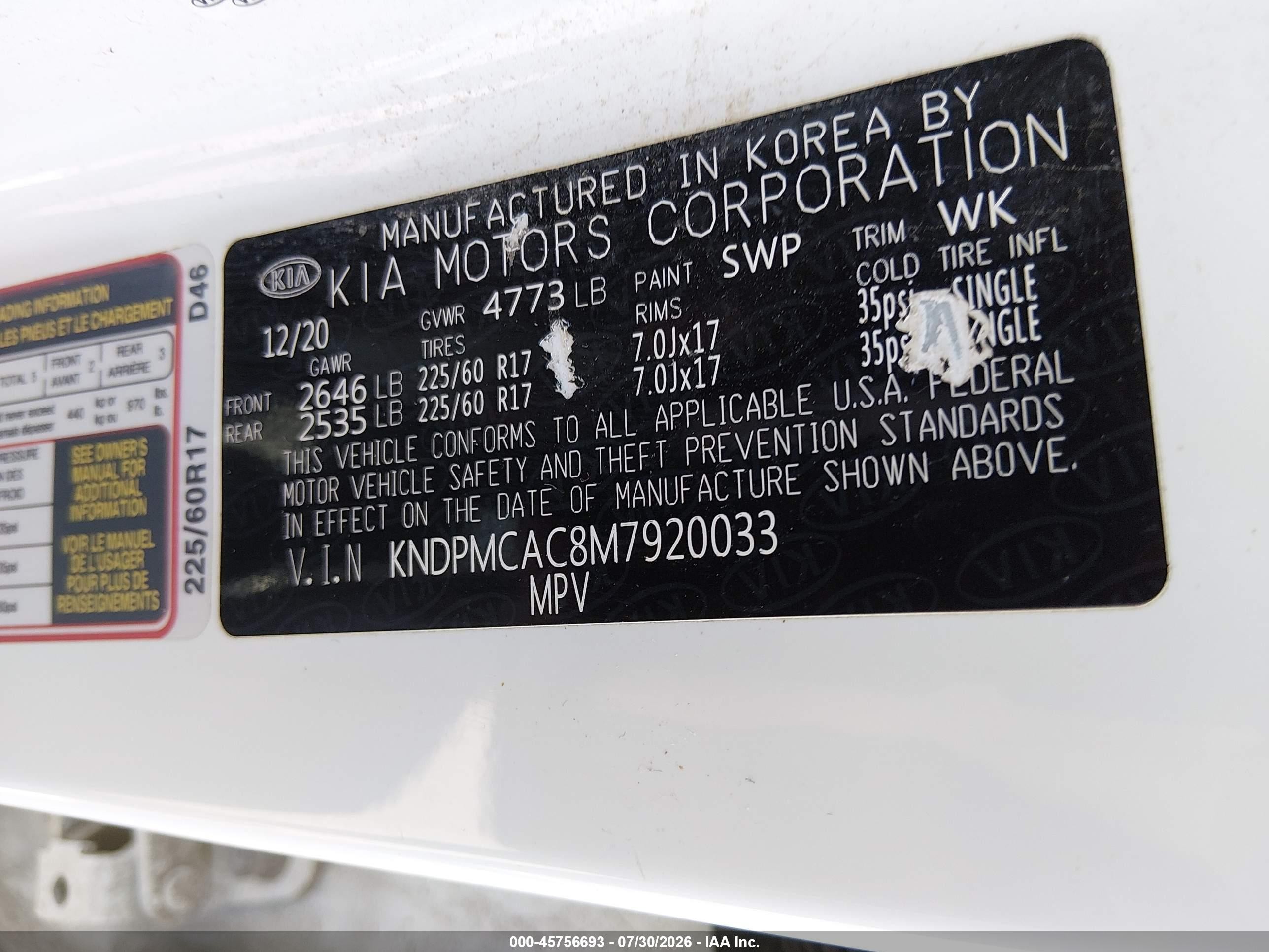 2021 Kia Sportage VIN KNDPMCAC8M7920033 IAAI salvage auction — Front End, Salvage (Ohio), sold $3,400 on 2026-09-01 (photo 9)