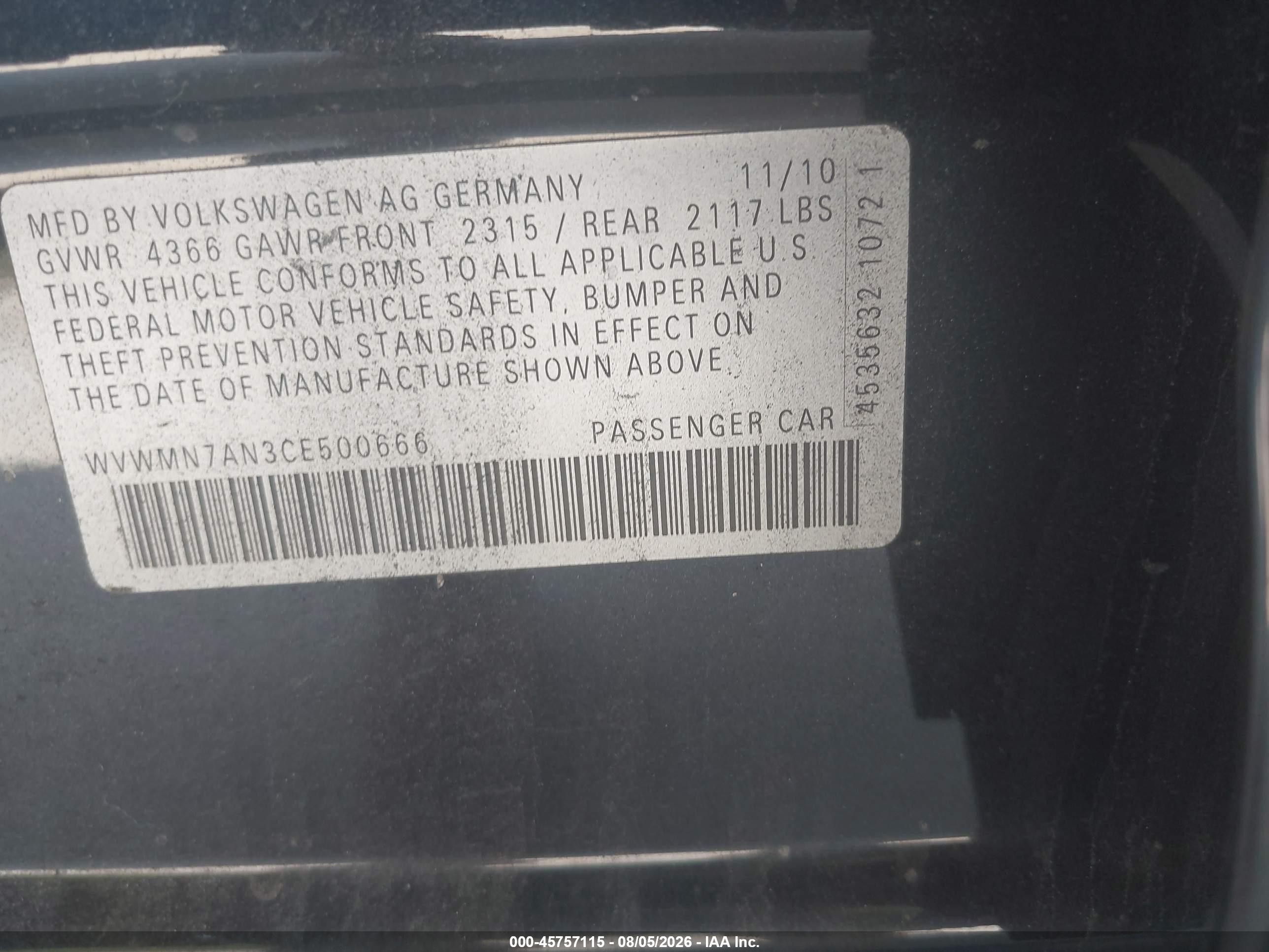 2012 Volkswagen Cc VIN WVWMN7AN3CE500666 IAAI salvage auction — Front End, Salvage (Georgia), sold $275 on 2026-09-08 (photo 9)