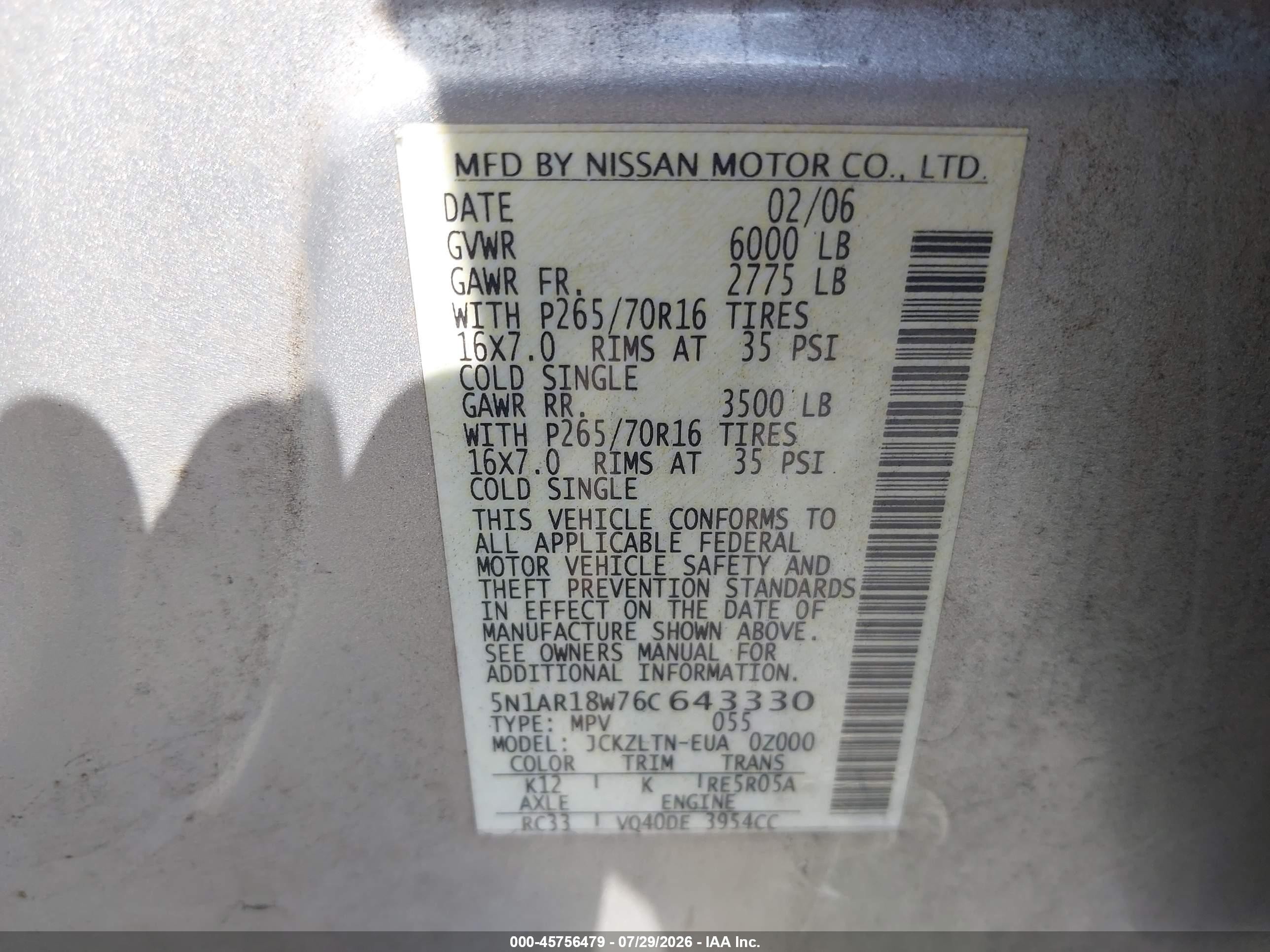 2006 Nissan Pathfinder VIN 5N1AR18W76C643330 IAAI salvage auction — Normal Wear, Clear (Virginia), sold $475 on 2026-09-08 (photo 9)