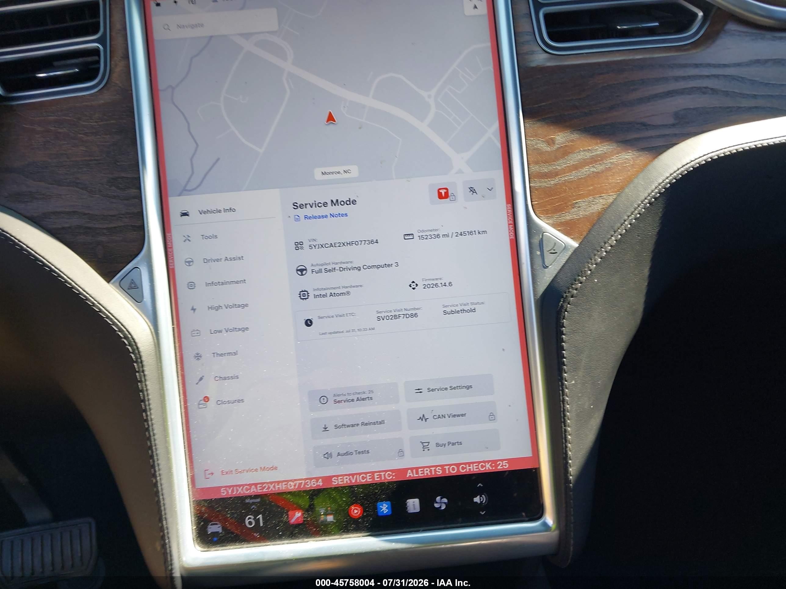 2017 Tesla Model x VIN 5YJXCAE2XHF077364 IAAI salvage auction — Unknown, Salvage (North Carolina), sold $5,200 on 2026-09-12 (photo 7)