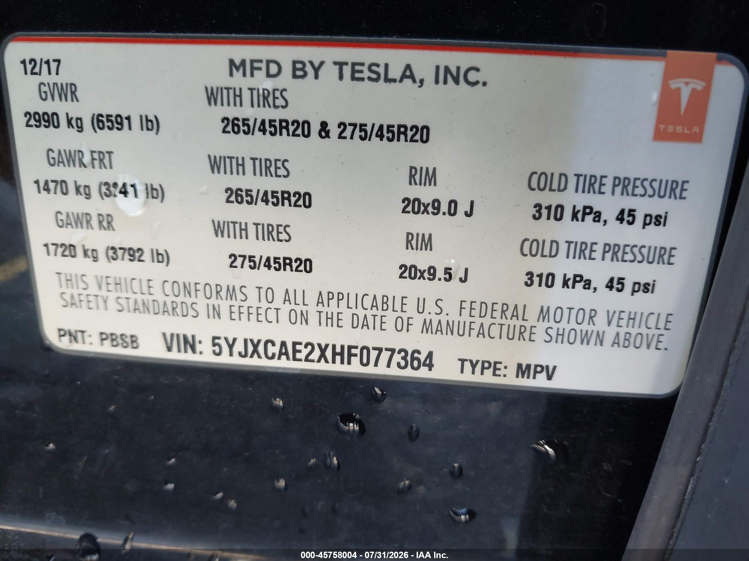 2017 Tesla Model x VIN 5YJXCAE2XHF077364 IAAI salvage auction — Unknown, Salvage (North Carolina), sold $5,200 on 2026-09-12 (photo 9)