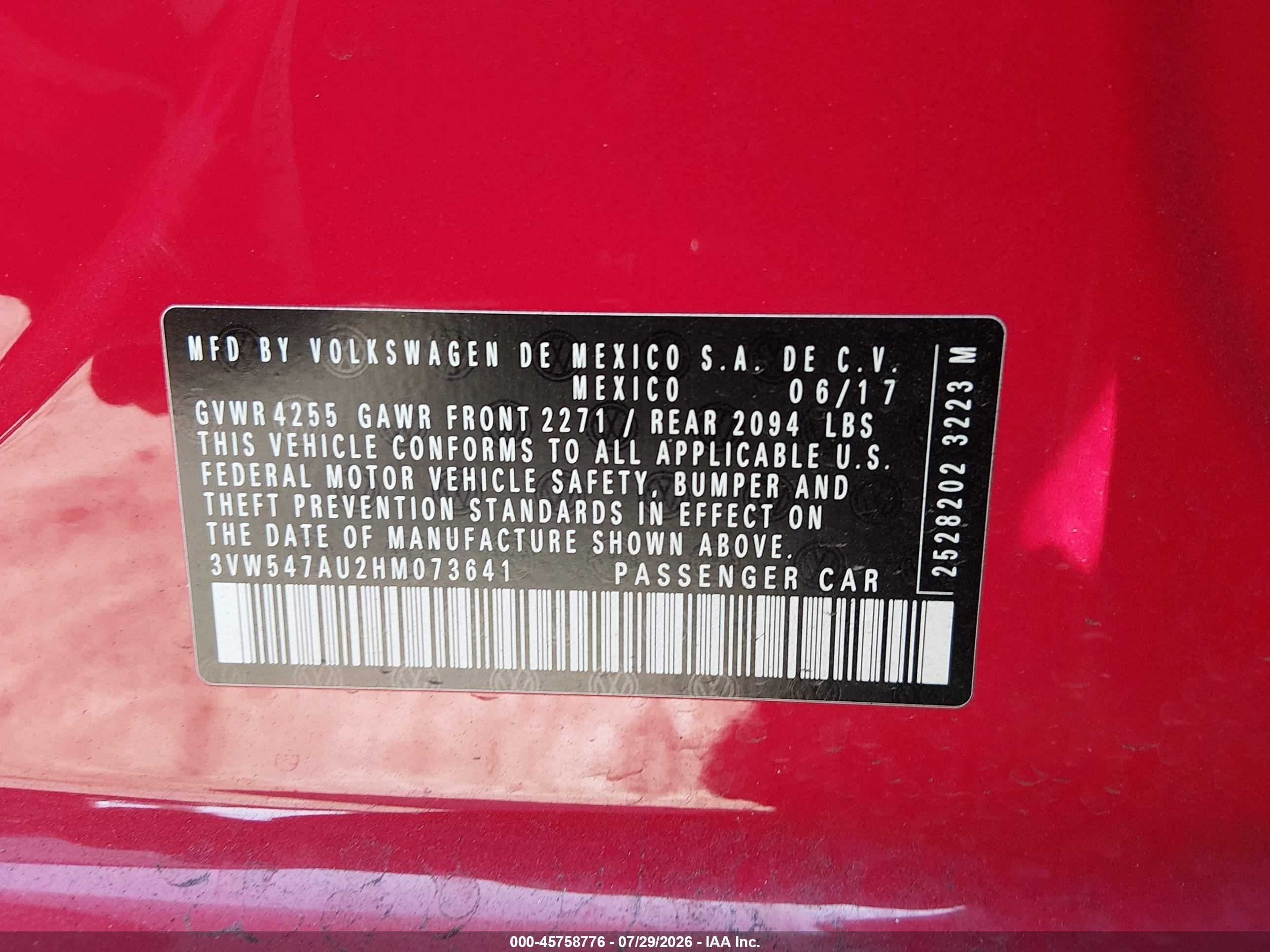 2017 Volkswagen Golf VIN 3VW547AU2HM073641 IAAI salvage auction — Rear End, Salvage (California), sold $7,100 on 2026-09-25 (photo 9)