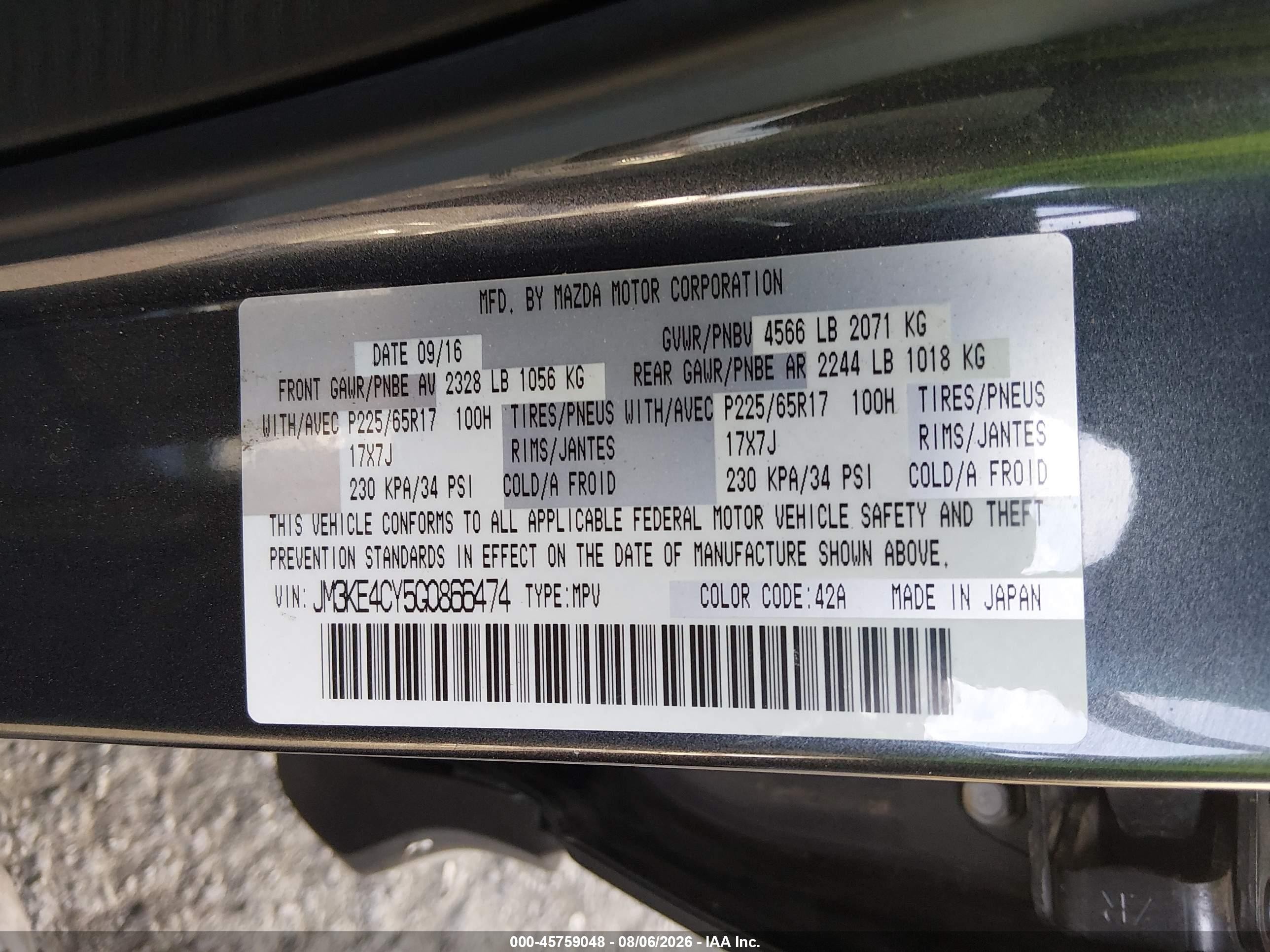 2016 Mazda Cx-5 VIN JM3KE4CY5G0866474 IAAI salvage auction — Front End, Salvage Certificate (California), sold $975 on 2026-09-24 (photo 9)