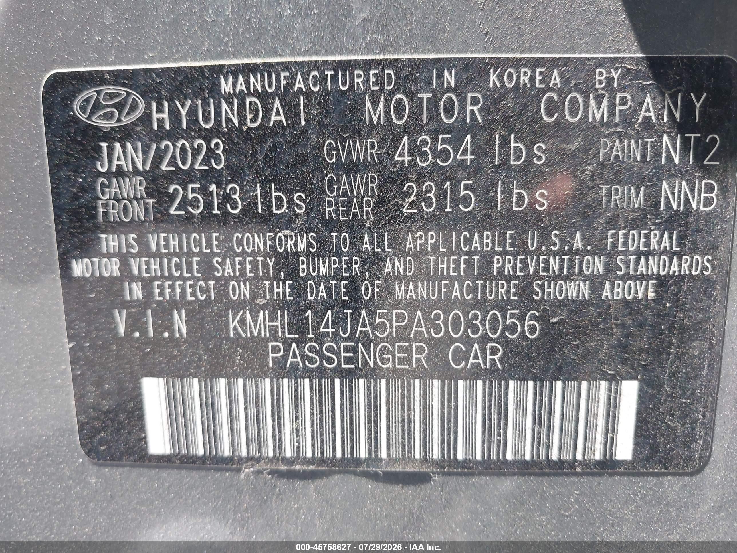 2023 Hyundai Sonata VIN KMHL14JA5PA303056 IAAI salvage auction — Rear End, Salvage (California), sold $6,550 on 2026-09-10 (photo 9)