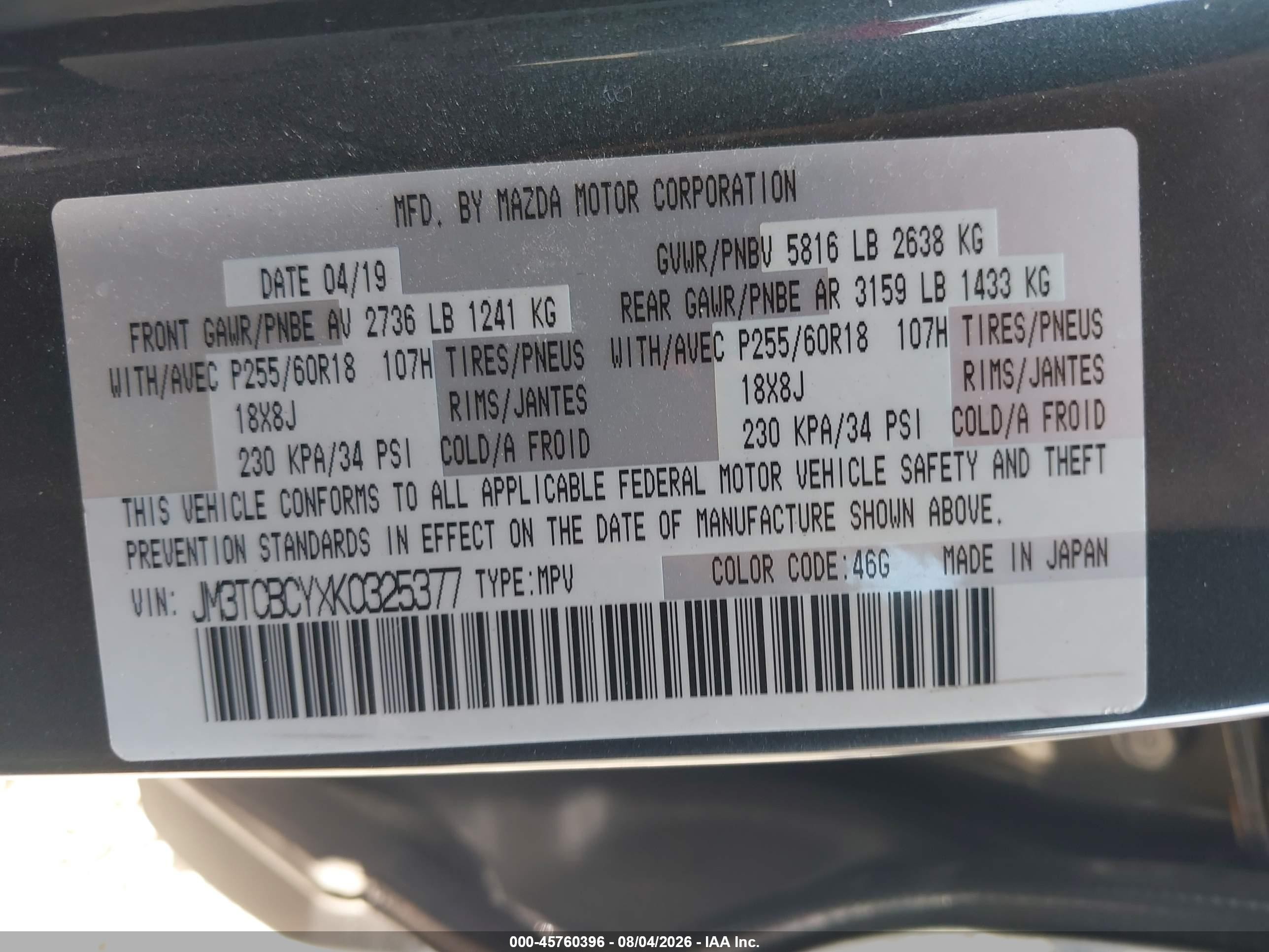 2019 Mazda Cx-9 VIN JM3TCBCYXK0325377 IAAI salvage auction — Front End, Salvage (Ohio), sold $5,150 on 2026-09-10 (photo 9)