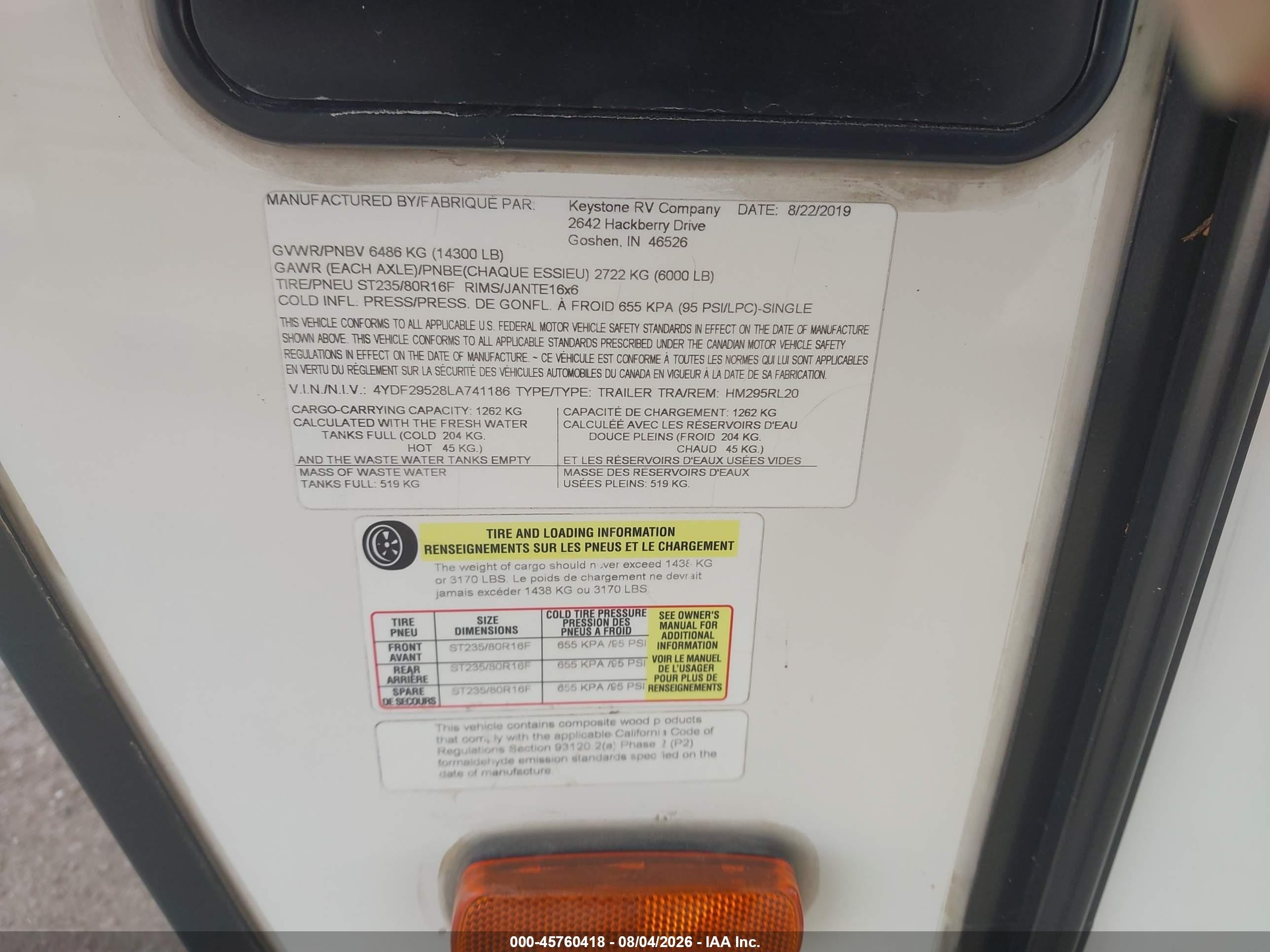 2020 Keystone Rv Montana VIN 4YDF29528LA741186 IAAI salvage auction — Water/Flood, Salvage (Texas), sold $150 on 2026-09-16 (photo 7)