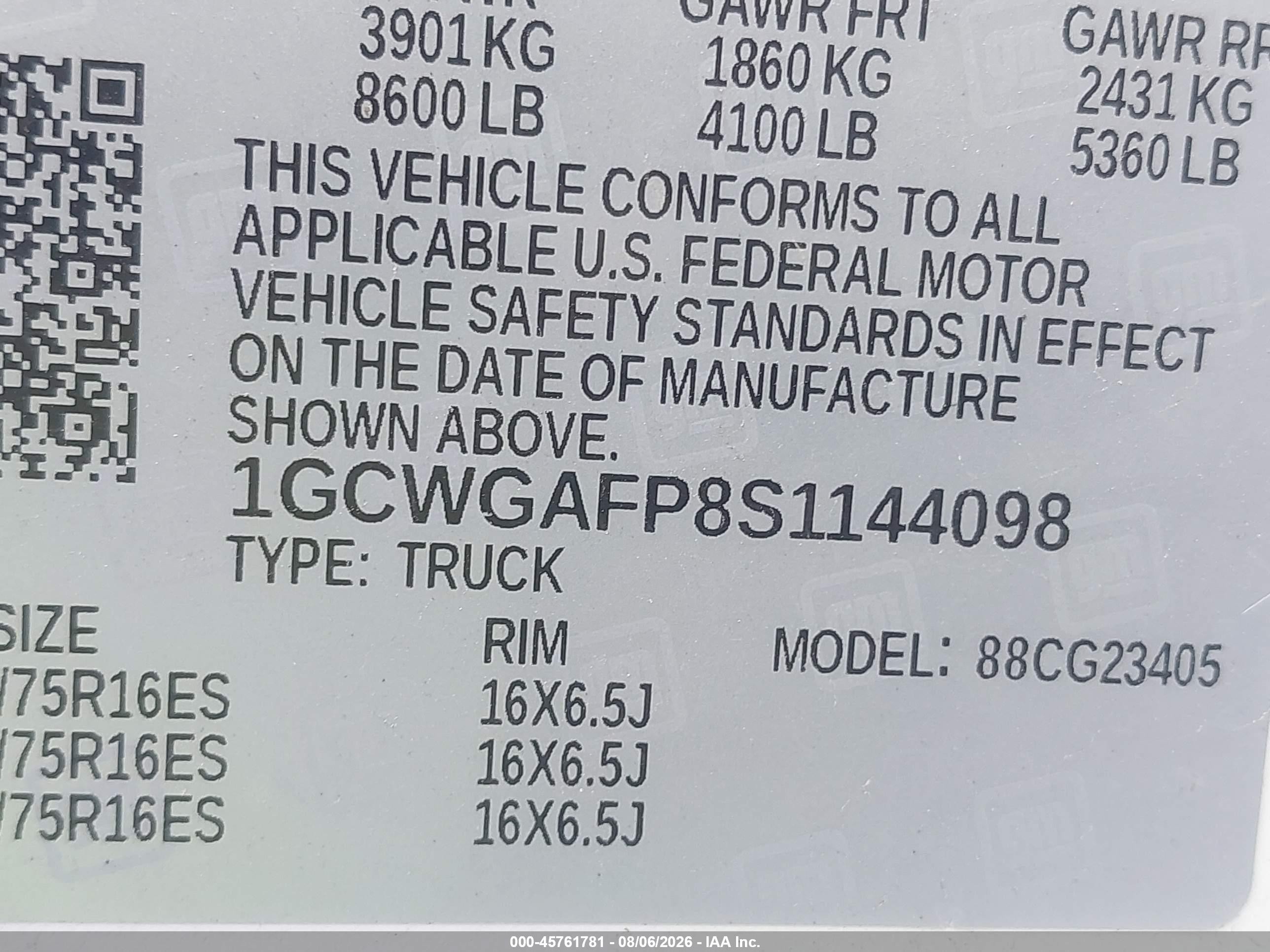 2025 Chevrolet VIN 1GCWGAFP8S1144098 IAAI salvage auction — Rear End, Salvage - 75% Or Less (Maryland), sold $9,000 on 2026-09-13 (photo 9)