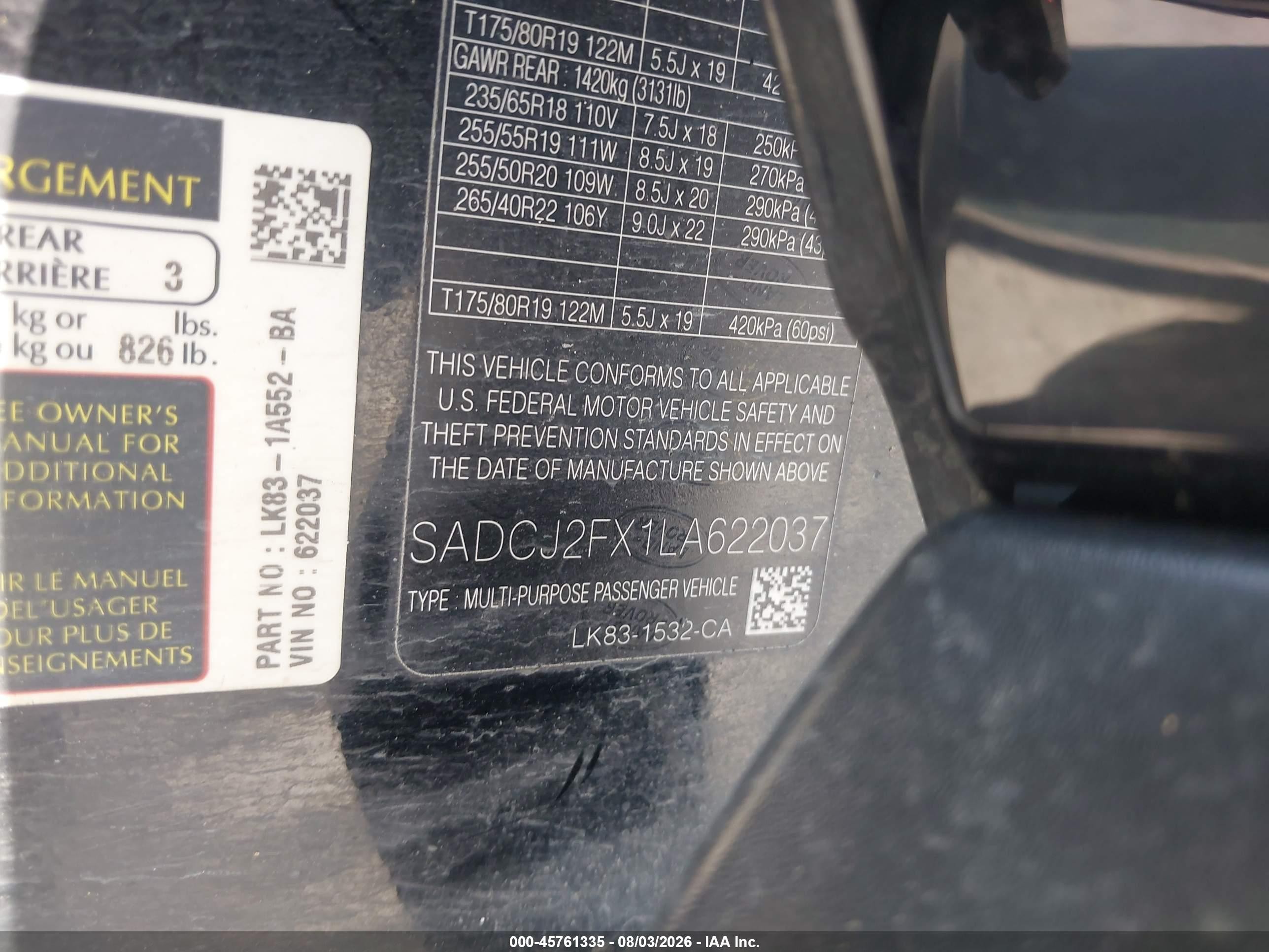 2020 Jaguar F-pace VIN SADCJ2FX1LA622037 IAAI salvage auction — Front End, Salvage (Texas), sold $3,275 on 2026-09-23 (photo 9)