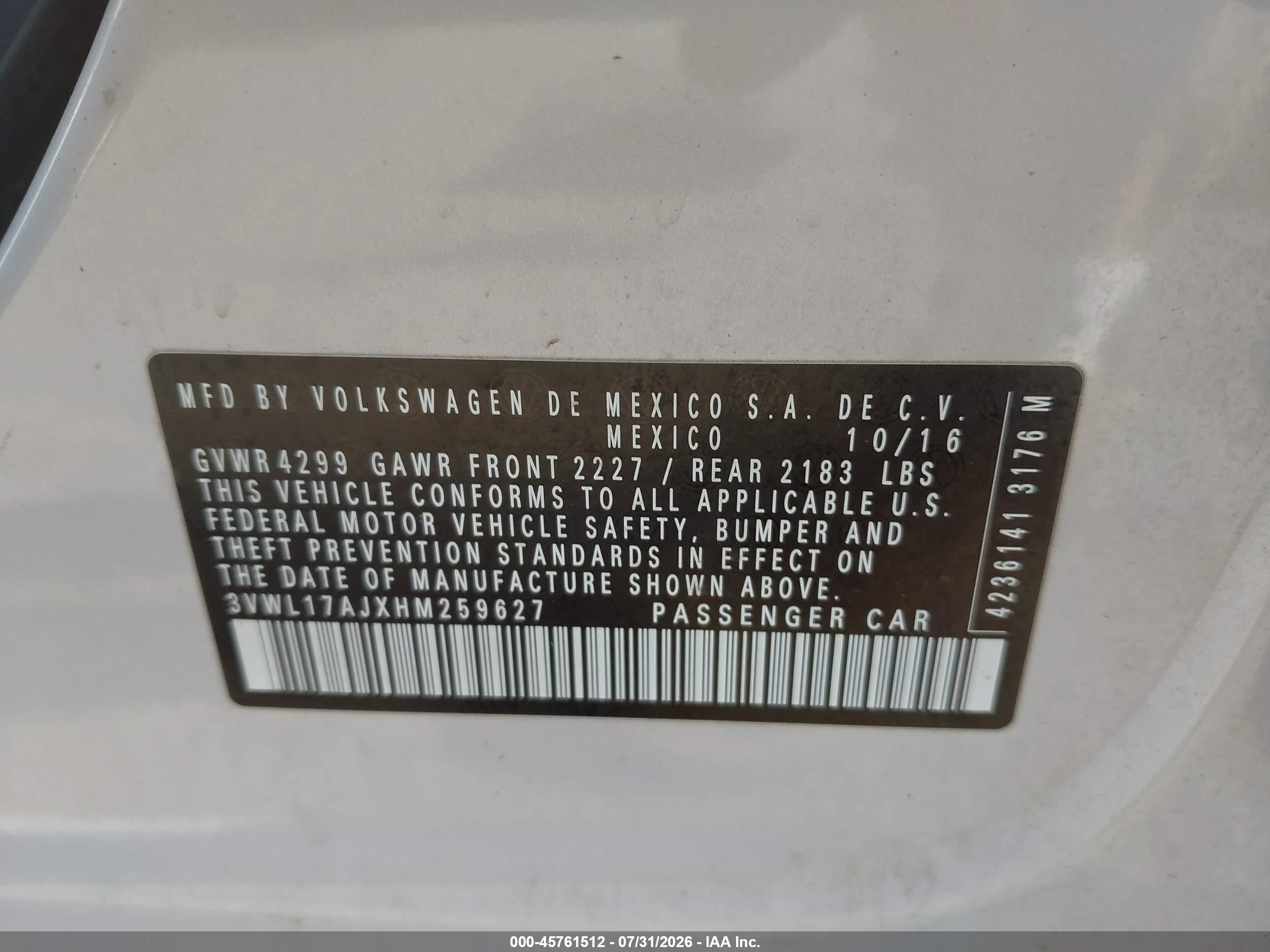 2017 Volkswagen Jetta VIN 3VWL17AJXHM259627 IAAI salvage auction — Unknown, Clear (Michigan), sold $3,025 on 2026-09-12 (photo 9)