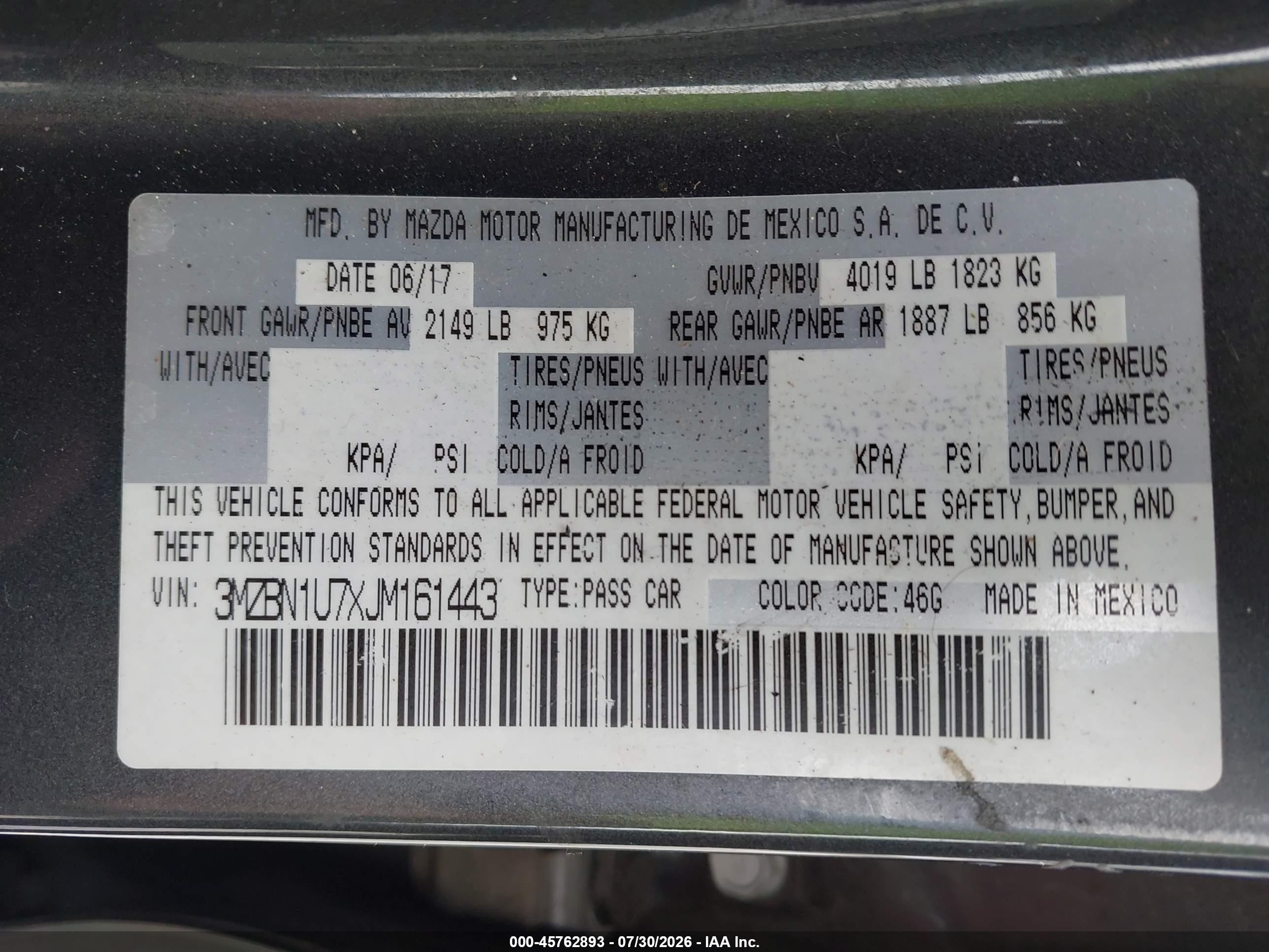 2018 Mazda 3 VIN 3MZBN1U7XJM161443 IAAI salvage auction — Front End, Rebuildable (Florida), sold $2,000 on 2026-10-10 (photo 9)