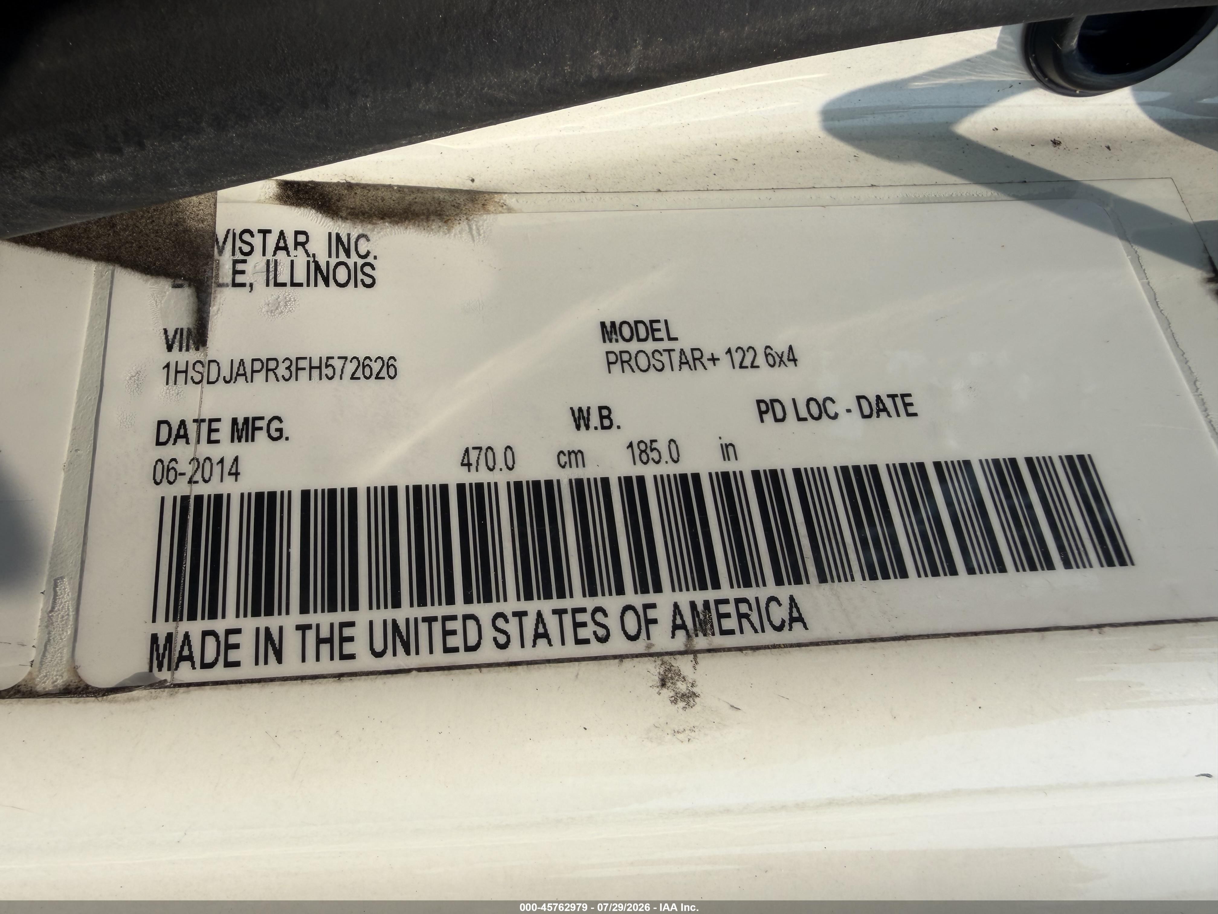 2015 International Prostar VIN 1HSDJAPR3FH572626 IAAI salvage auction — Normal Wear, Clear (South Carolina), sold $6,550 on 2026-08-10 (photo 9)