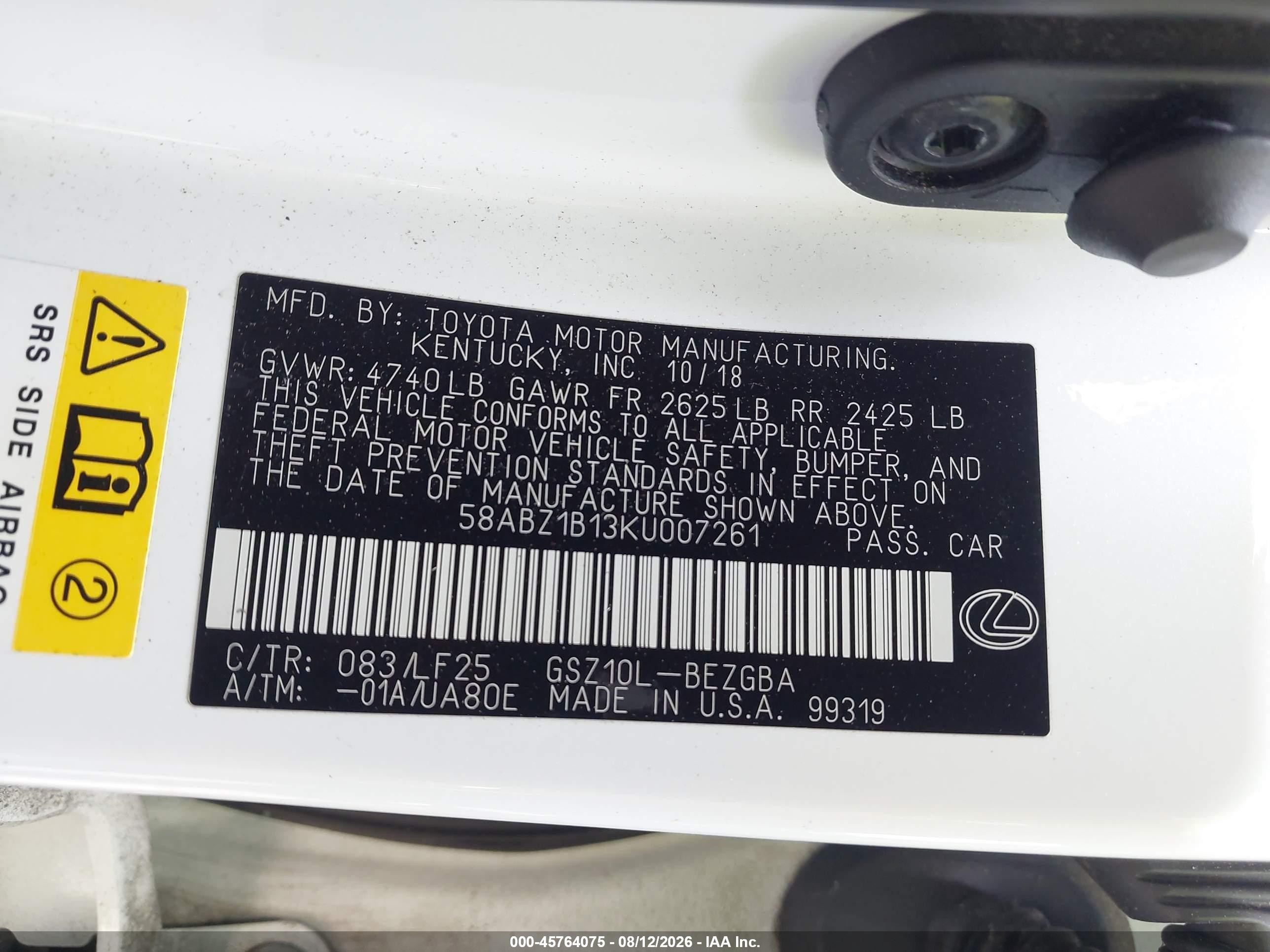 2019 Lexus ES 350 VIN 58ABZ1B13KU007261 IAAI salvage auction — Rear End, Salvage (Georgia), sold $15,125 on 2026-09-27 (photo 9)