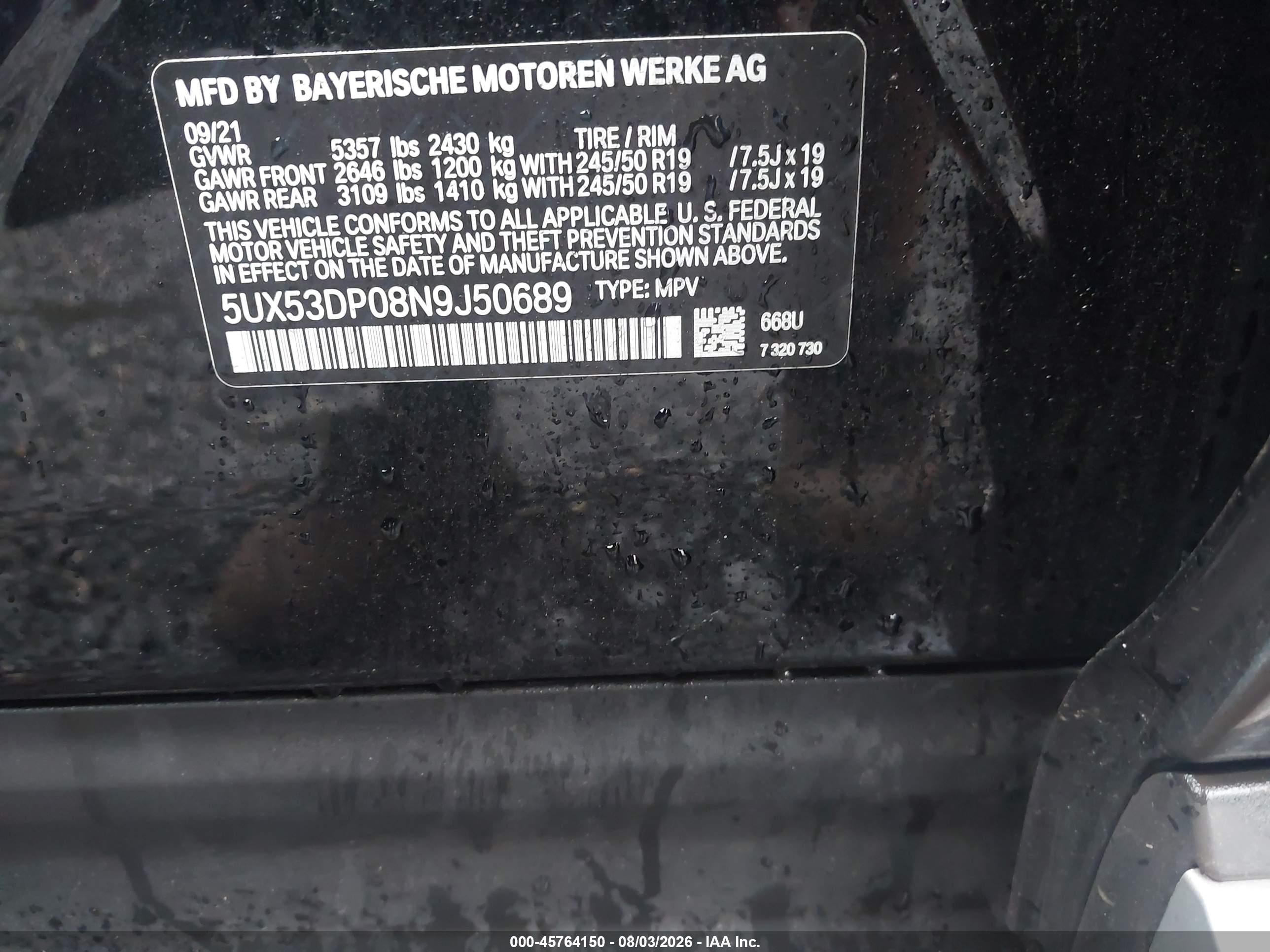 2022 BMW X3 VIN 5UX53DP08N9J50689 IAAI salvage auction — Rear End, Salvage (New Jersey), sold $12,500 on 2026-09-05 (photo 9)
