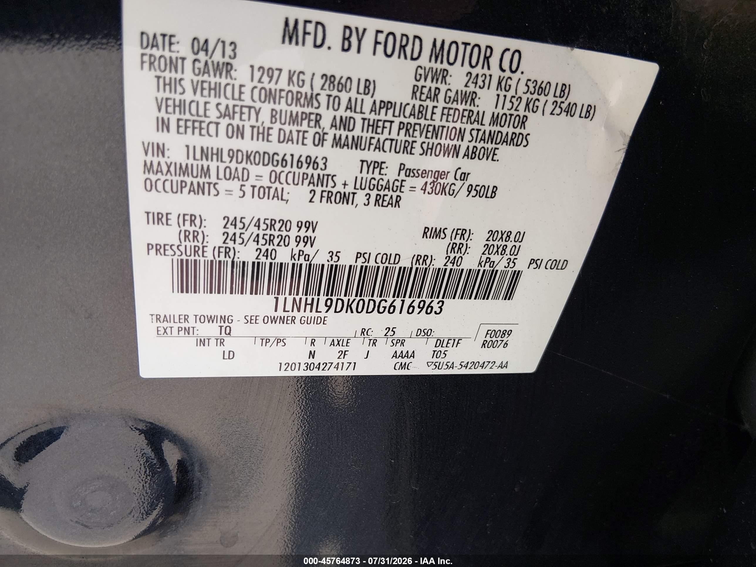 2013 Lincoln Mks VIN 1LNHL9DK0DG616963 IAAI salvage auction — Unknown, Wait Title, sold $1,750 on 2026-09-20 (photo 9)