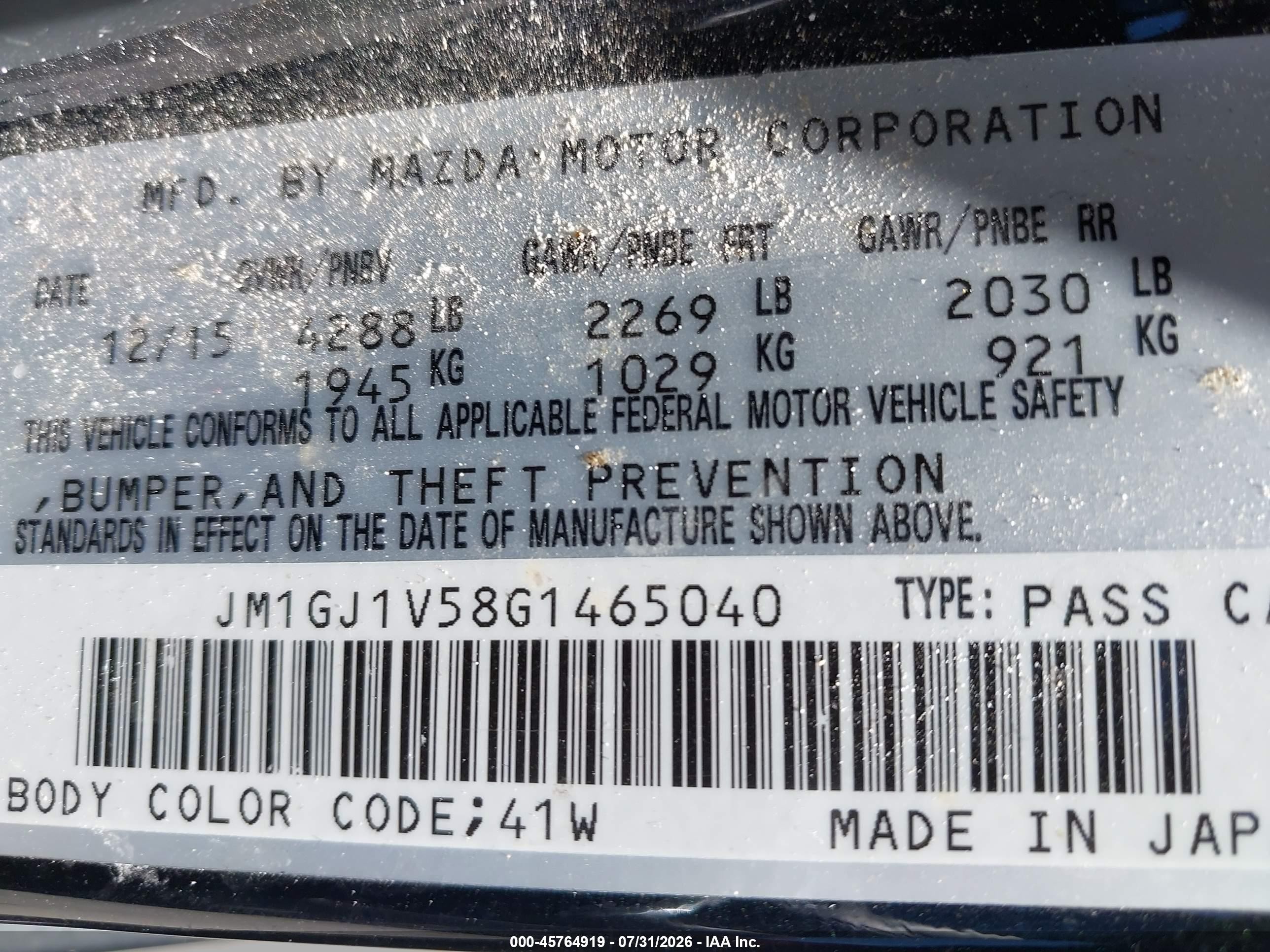 2016 Mazda 6 VIN JM1GJ1V58G1465040 IAAI salvage auction — Rear End, Original (Texas), sold $2,450 on 2026-09-02 (photo 9)