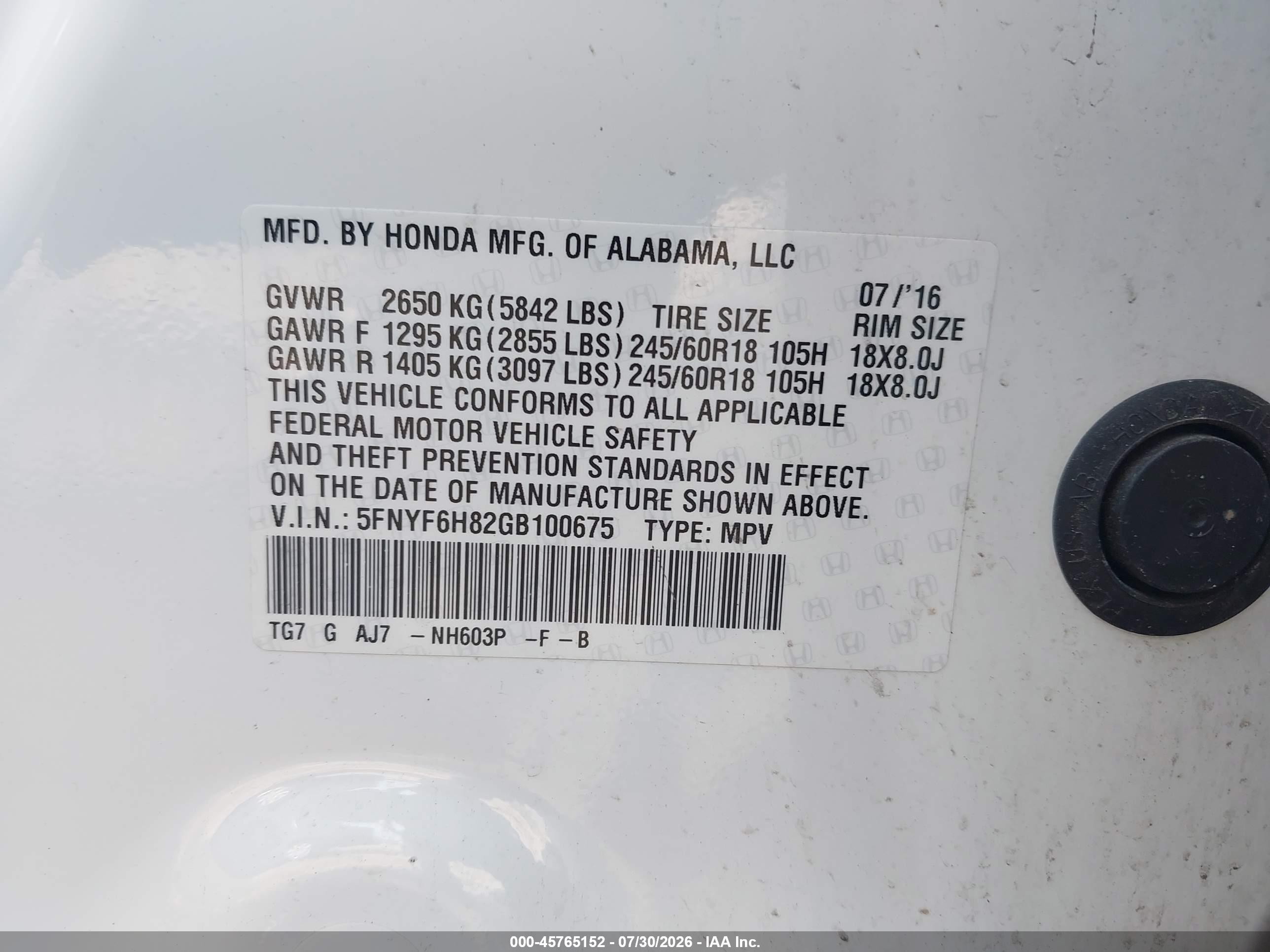 2016 Honda Pilot VIN 5FNYF6H82GB100675 IAAI salvage auction — Front End, Junk Bill Of Sale Mv2459 (Wisconsin), sold $1,600 on 2026-09-03 (photo 9)
