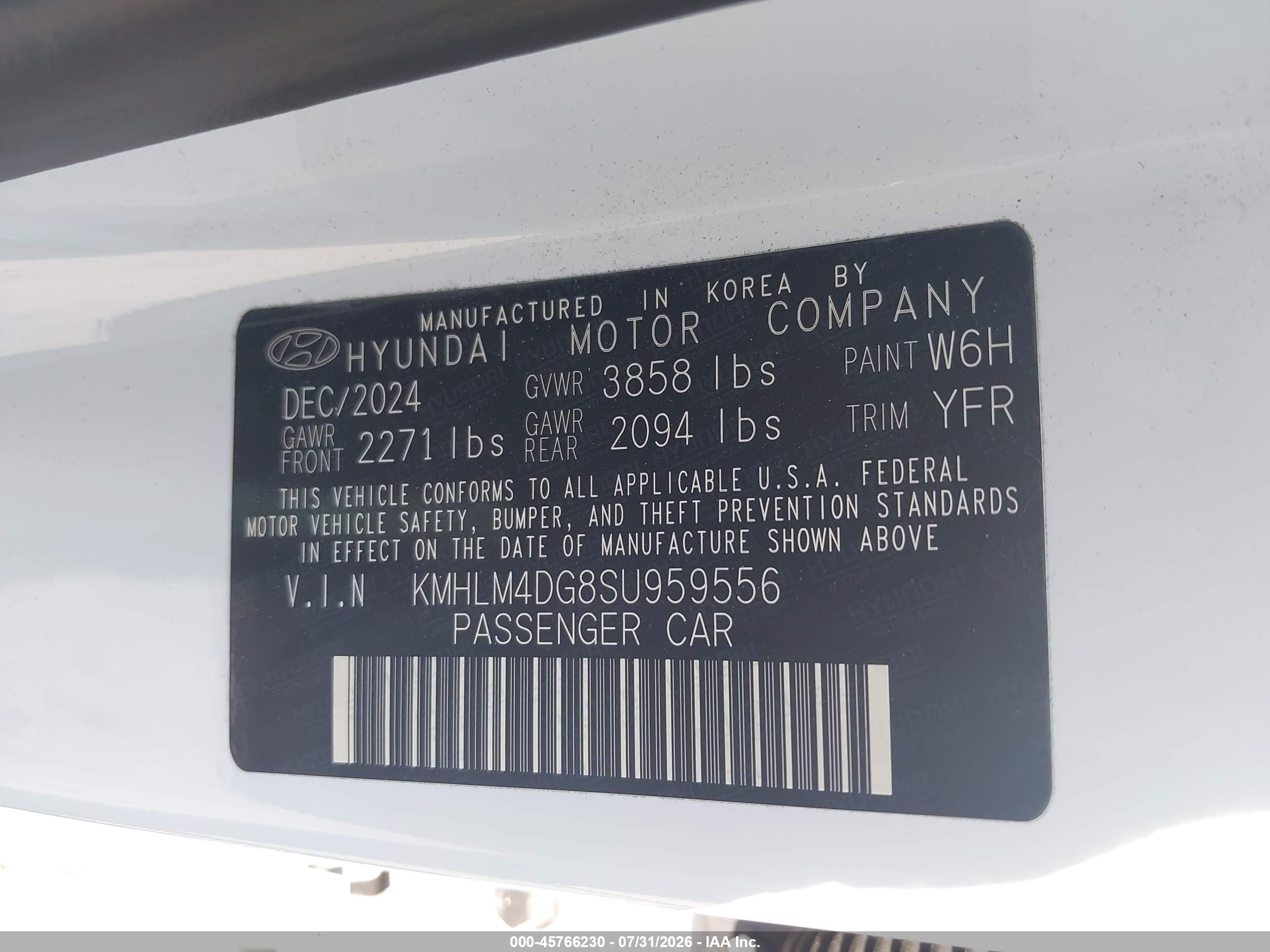 2025 Hyundai Elantra VIN KMHLM4DG8SU959556 IAAI salvage auction — Front End, Salvage Certificate (California), sold $5,300 on 2026-09-05 (photo 9)