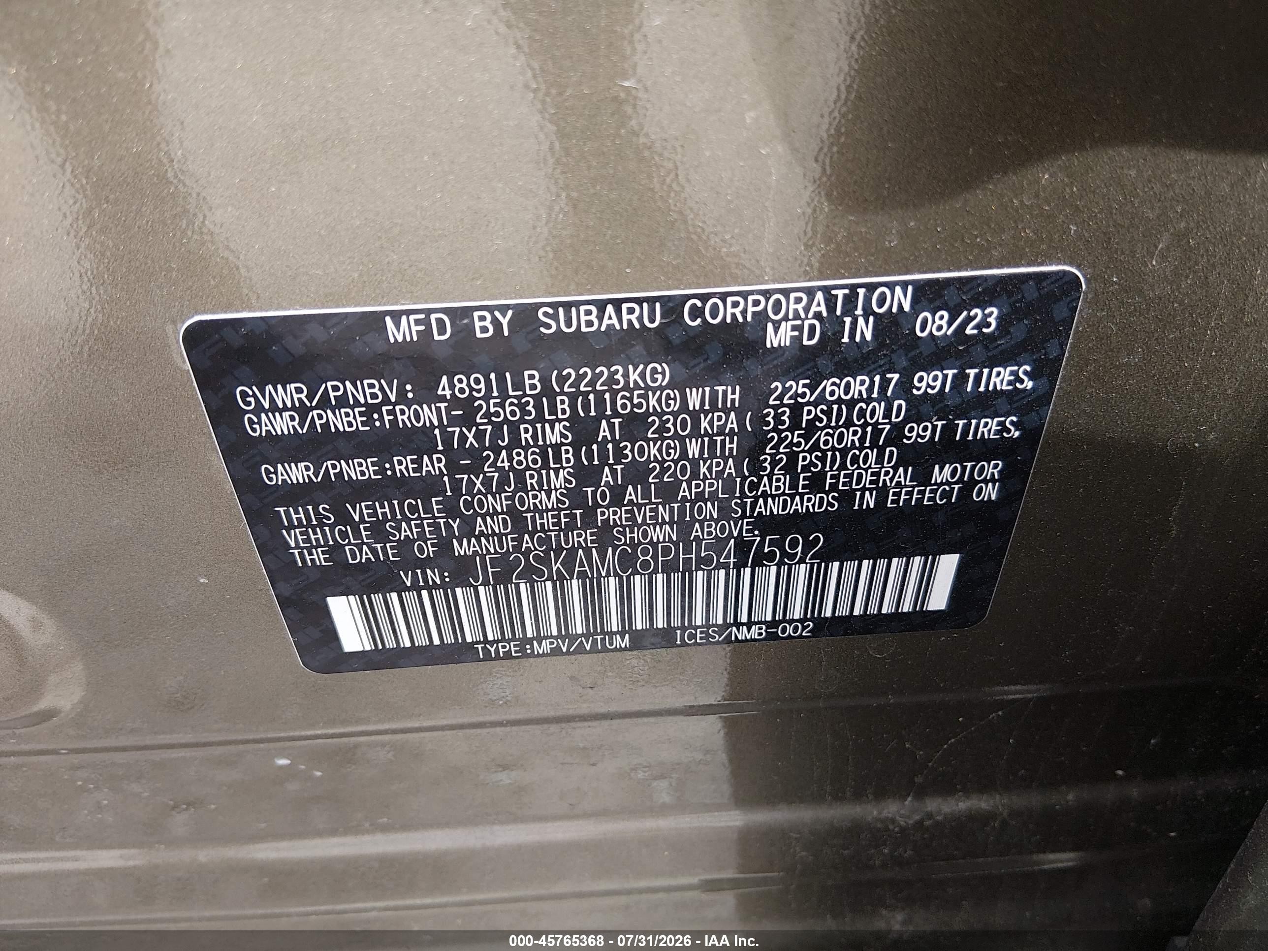 2023 Subaru Forester VIN JF2SKAMC8PH547592 IAAI salvage auction — Side, Salvage (Kentucky), sold $6,700 on 2026-09-11 (photo 9)