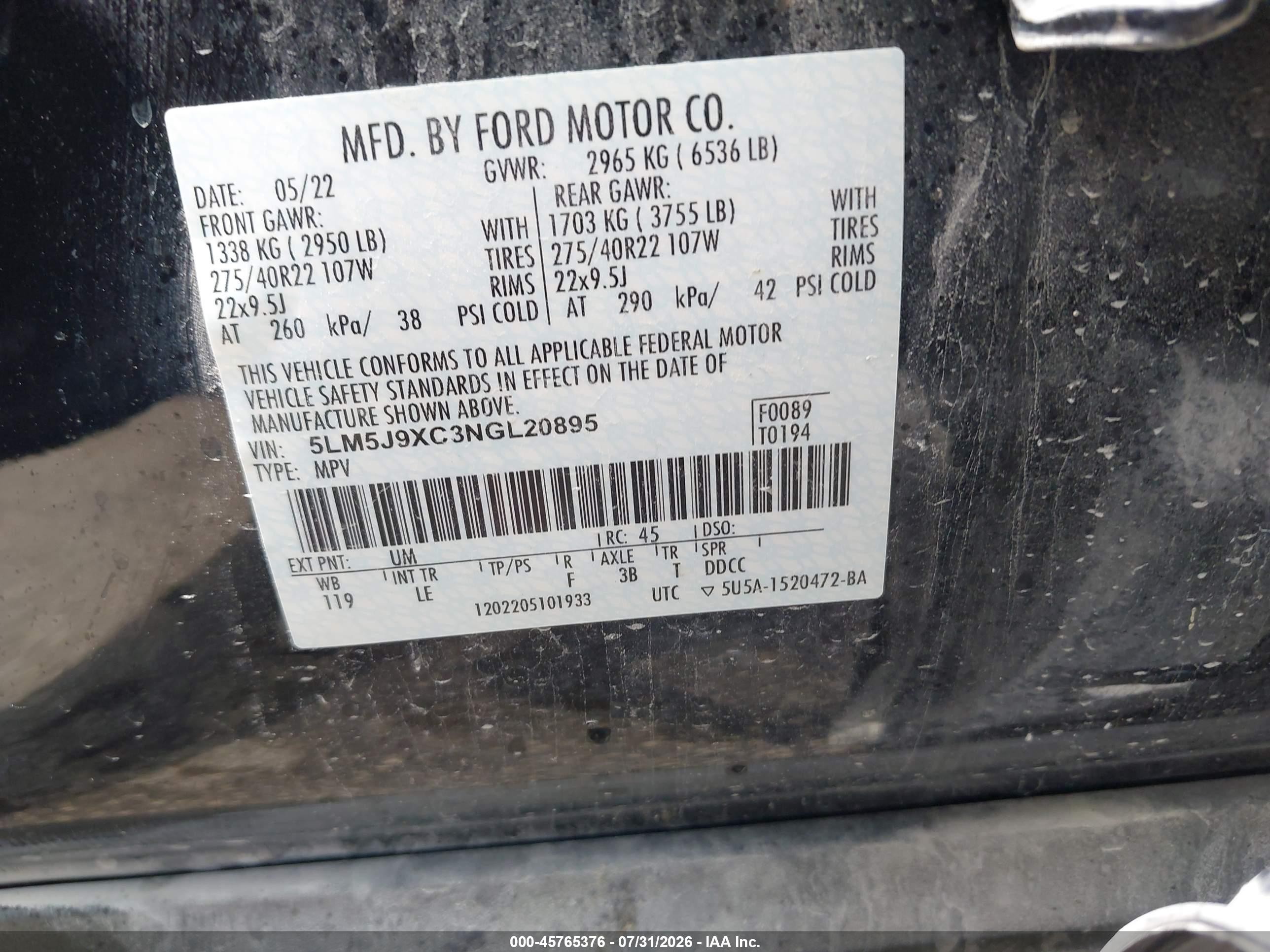 2022 Lincoln Aviator VIN 5LM5J9XC3NGL20895 IAAI salvage auction — Rear End, Salvage (Missouri), sold $20,800 on 2026-09-09 (photo 9)