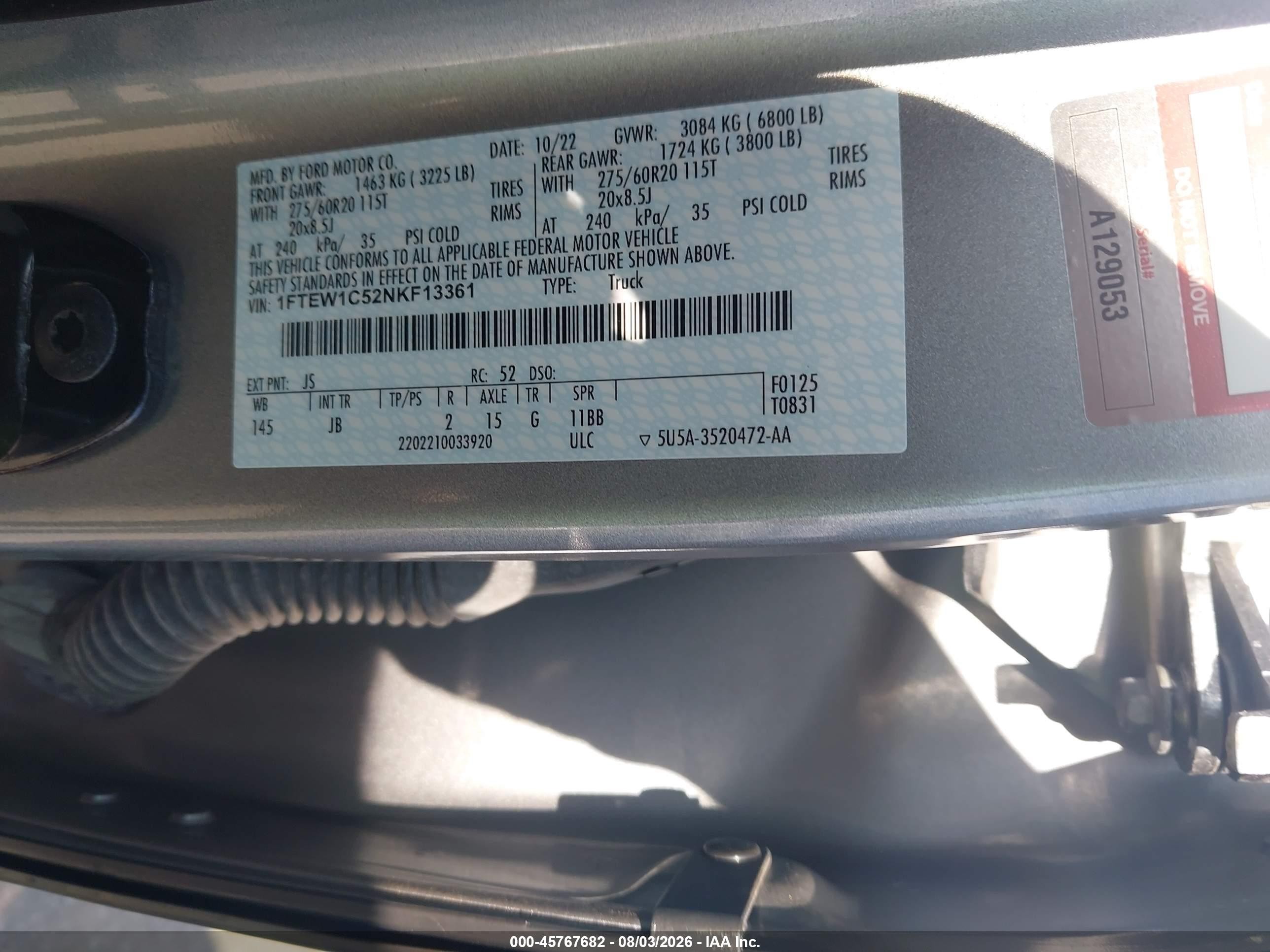 2022 Ford F-150 VIN 1FTEW1C52NKF13361 IAAI salvage auction — Front End, Original (Texas), sold $9,200 on 2026-09-25 (photo 9)